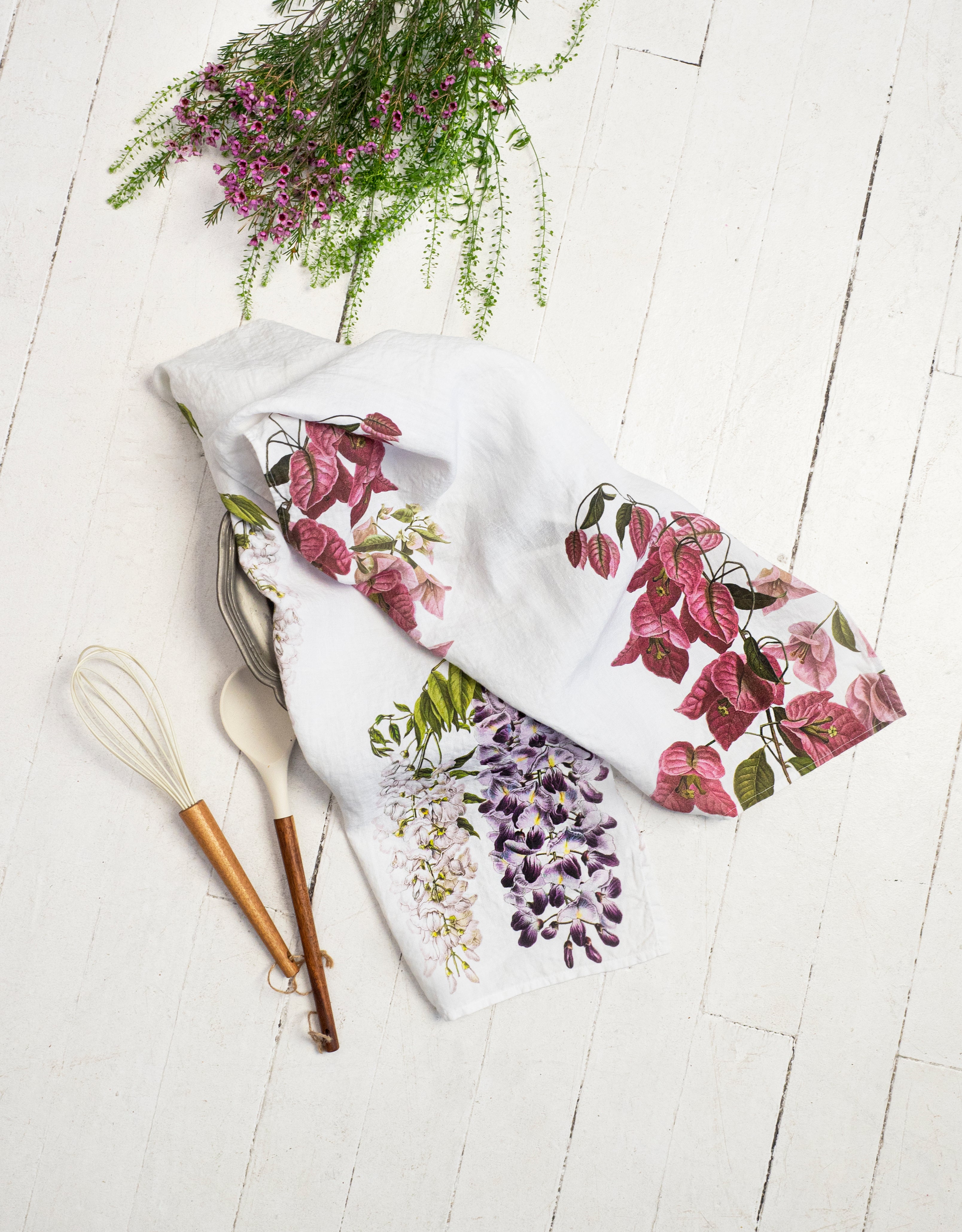 Linoroom “Bougainvillea & Wisteria,” Pair of linen printed tea towels.