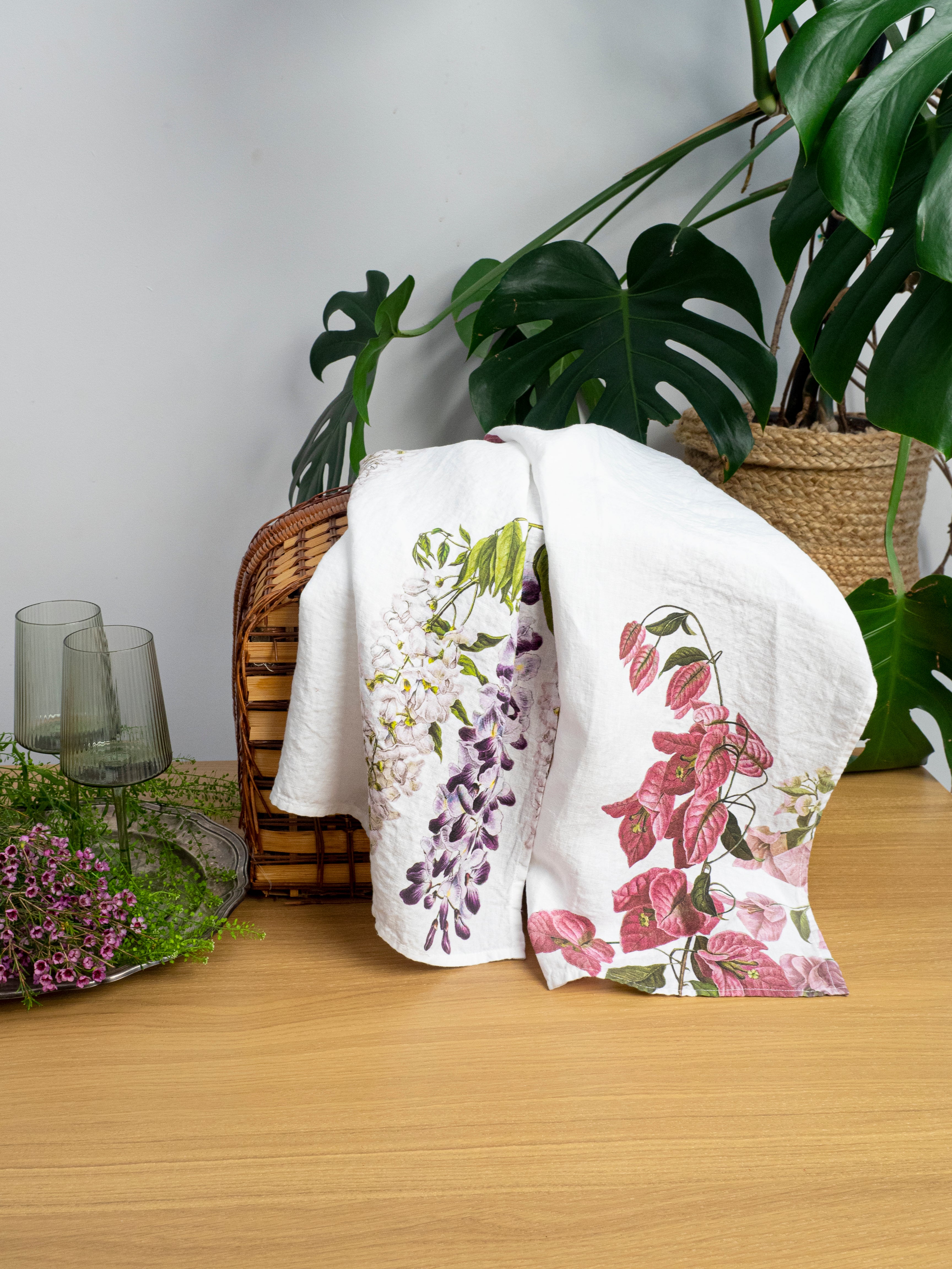 Linoroom “Bougainvillea & Wisteria,” Pair of linen printed tea towels.
