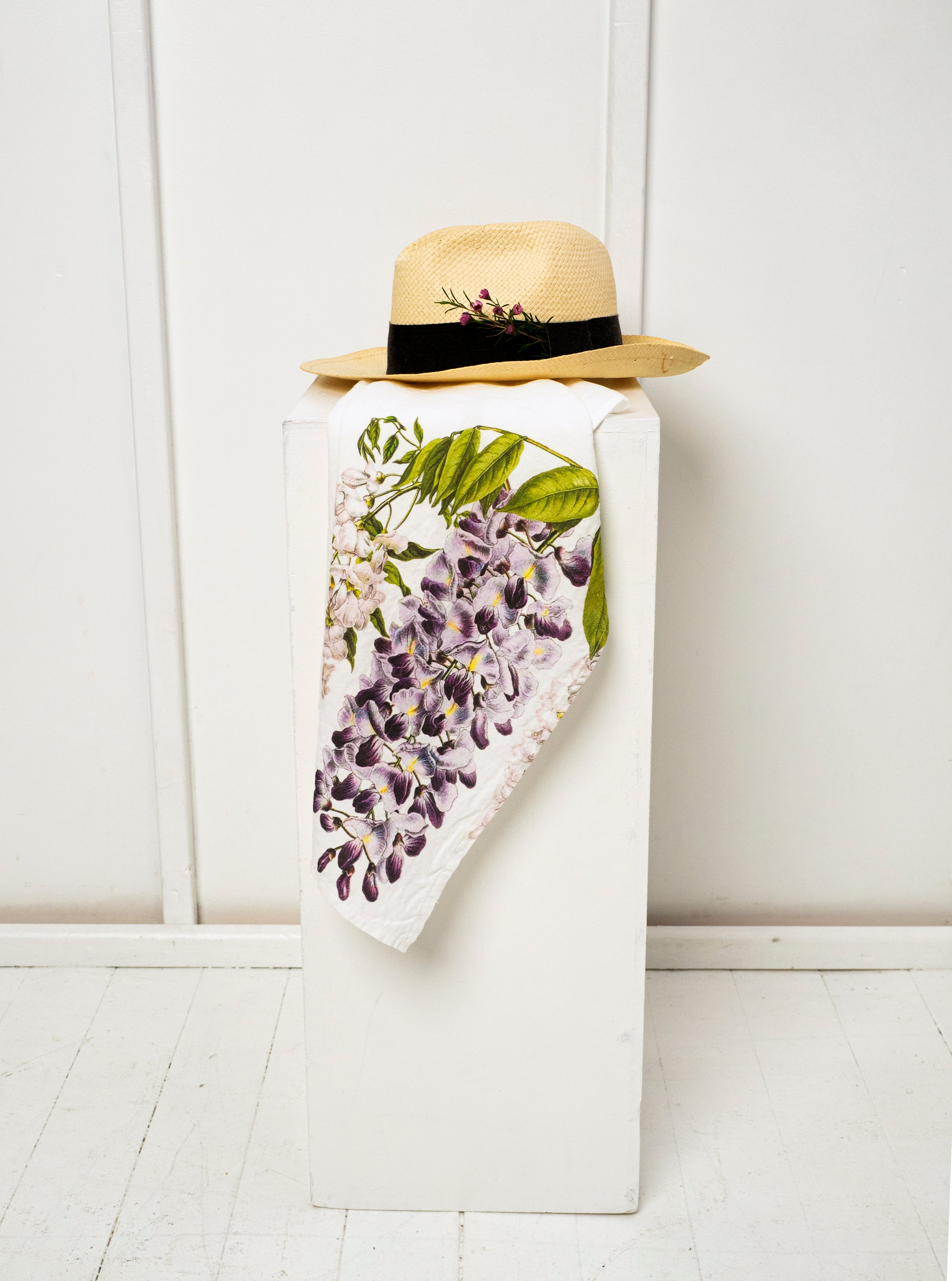 Linoroom “Bougainvillea & Wisteria,” Pair of linen printed tea towels.