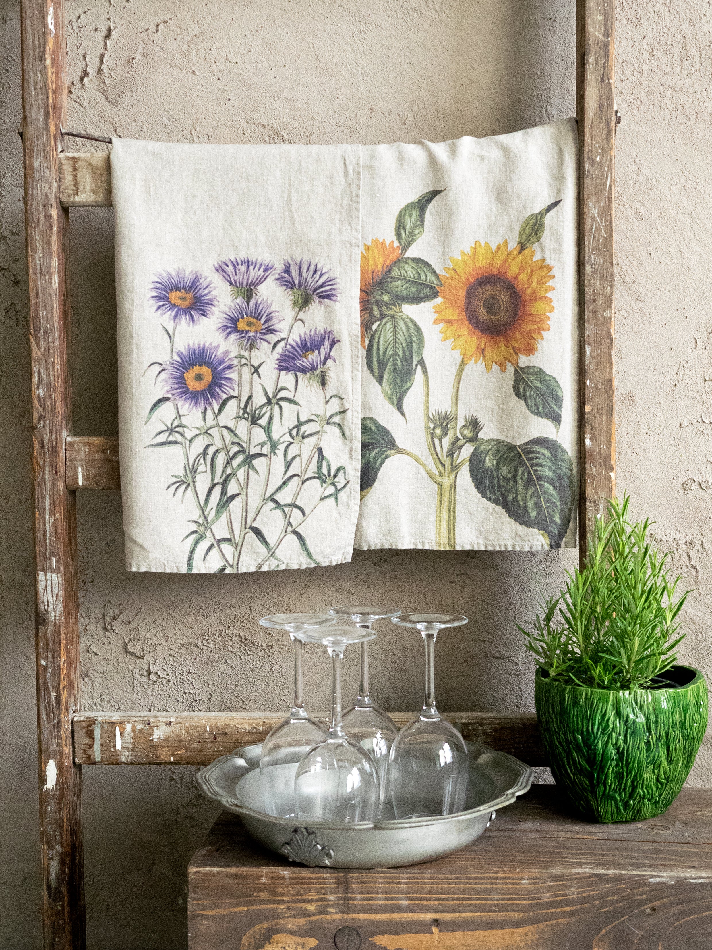 The Linoroom “Aster & Sunflowers,” Pair of linen printed tea towels.