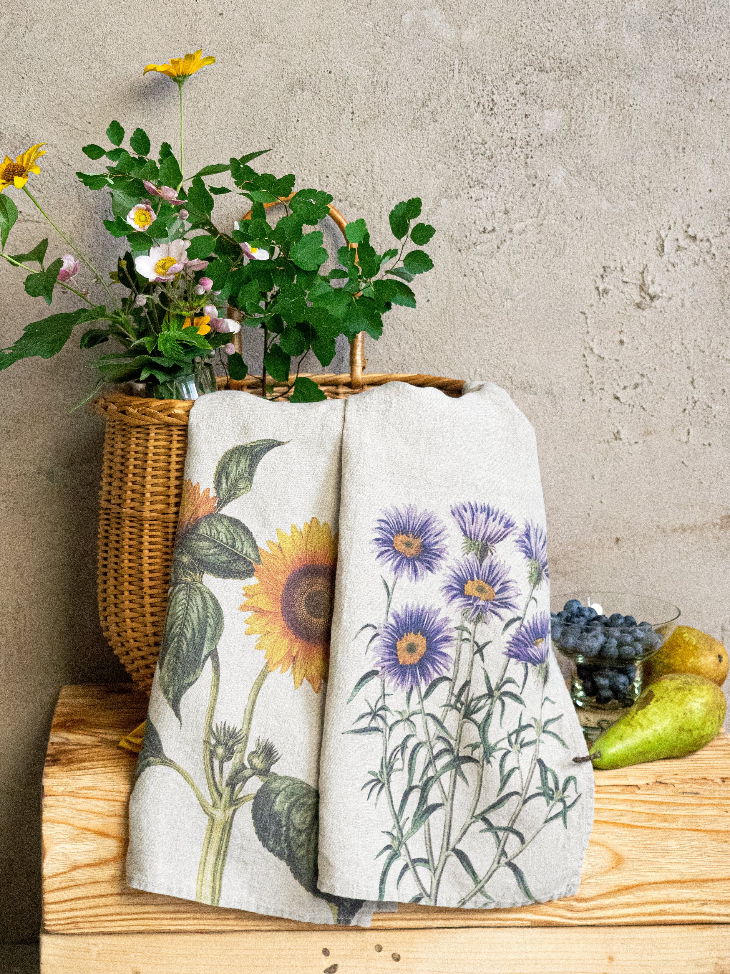 Linoroom “Aster & Sunflowers,” Pair of linen printed tea towels.