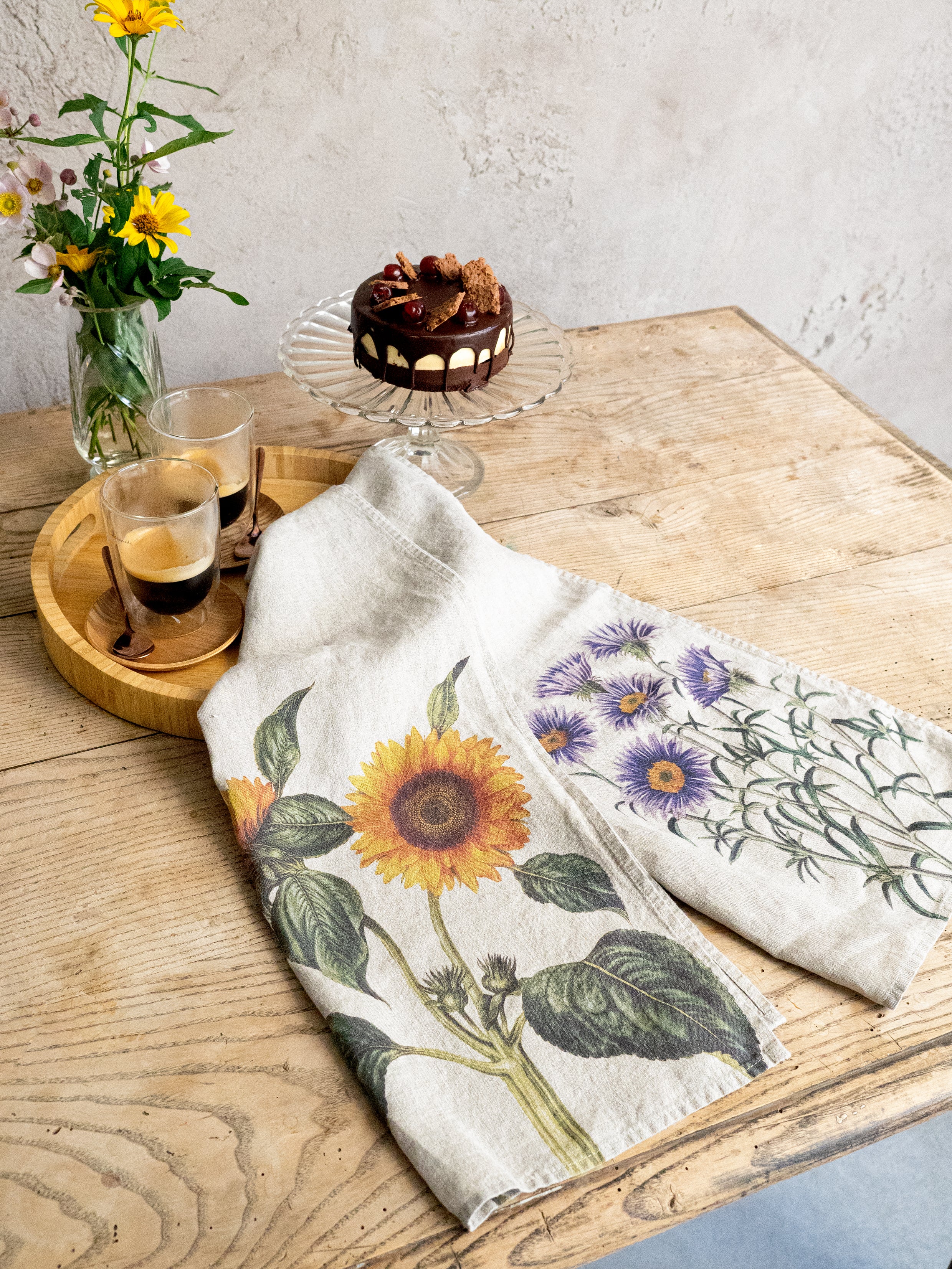 The Linoroom “Aster & Sunflowers,” Pair of linen printed tea towels.