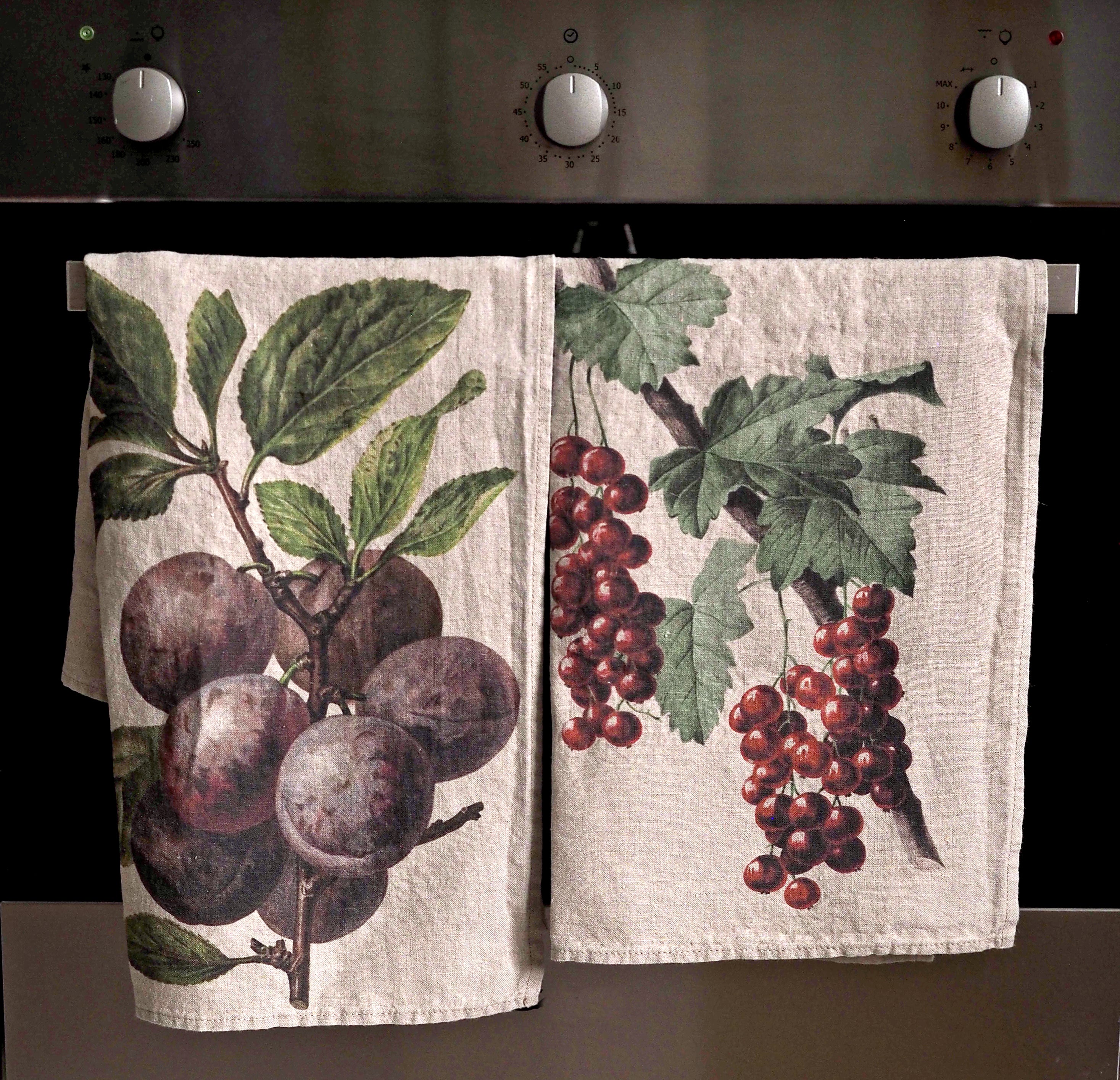 Linoroom “Redcurrant & Plum,” Pair of linen printed tea towels.
