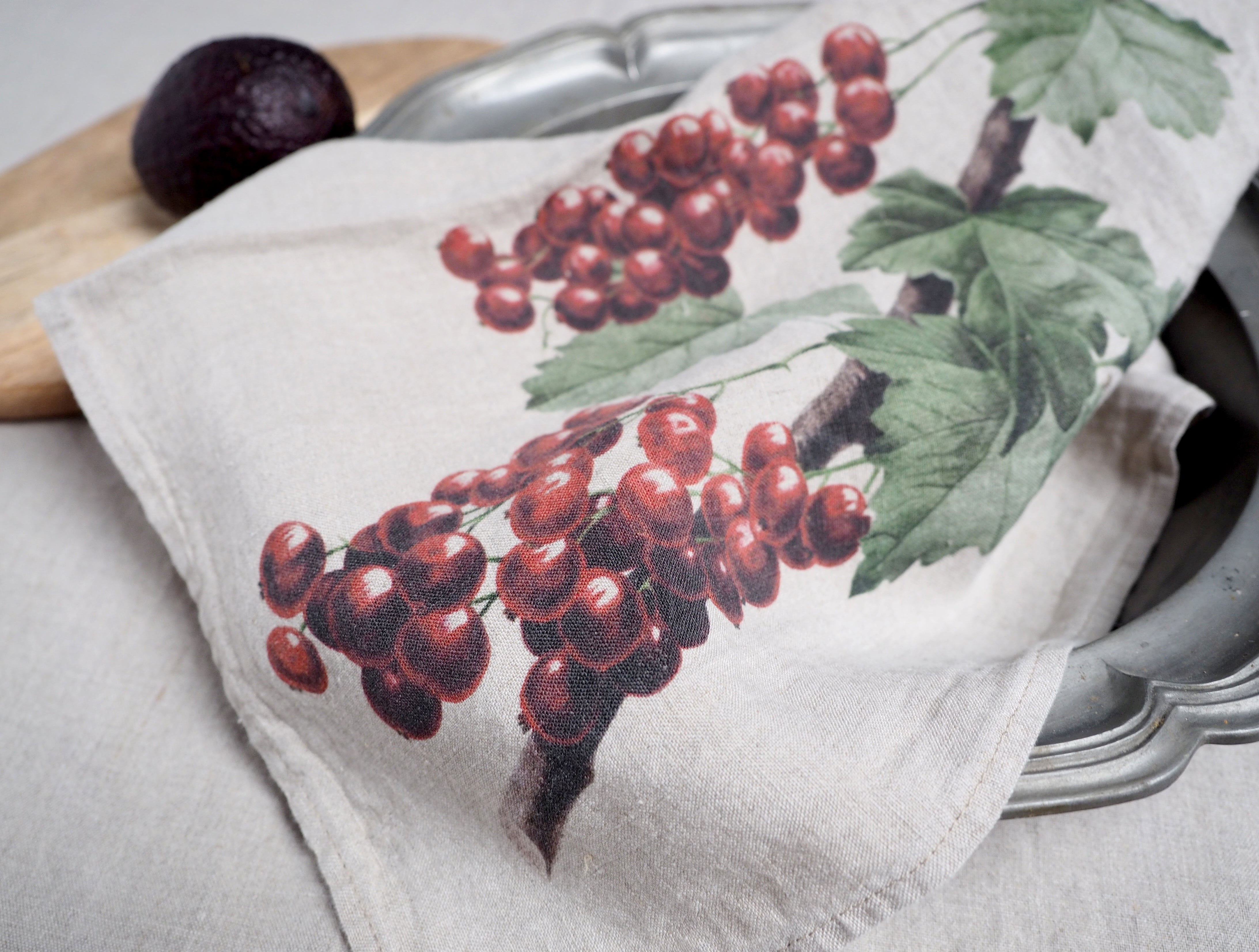 Linoroom “Redcurrant & Plum,” Pair of linen printed tea towels.