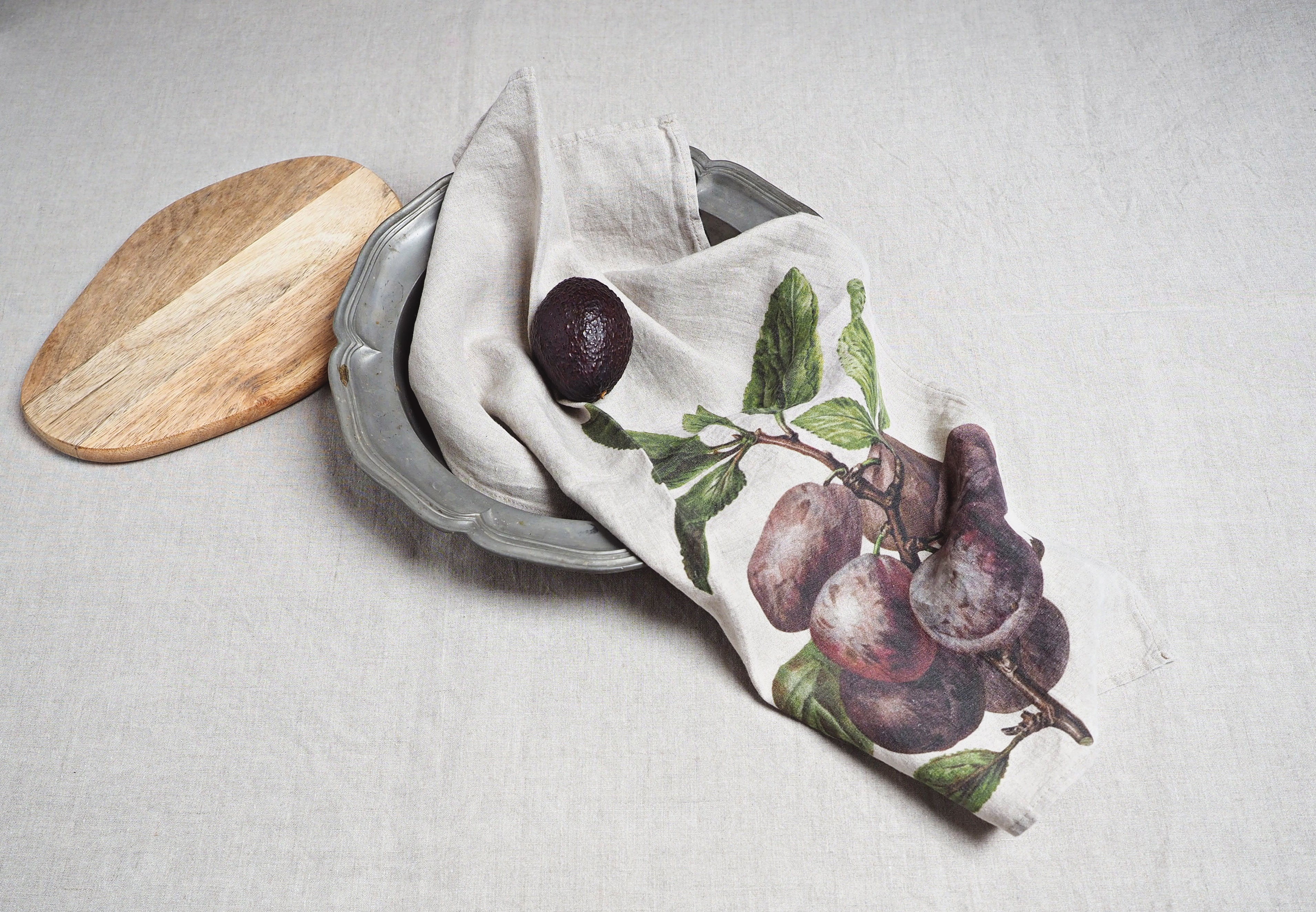 The Linoroom “Redcurrant & Plum,” Pair of linen printed tea towels.