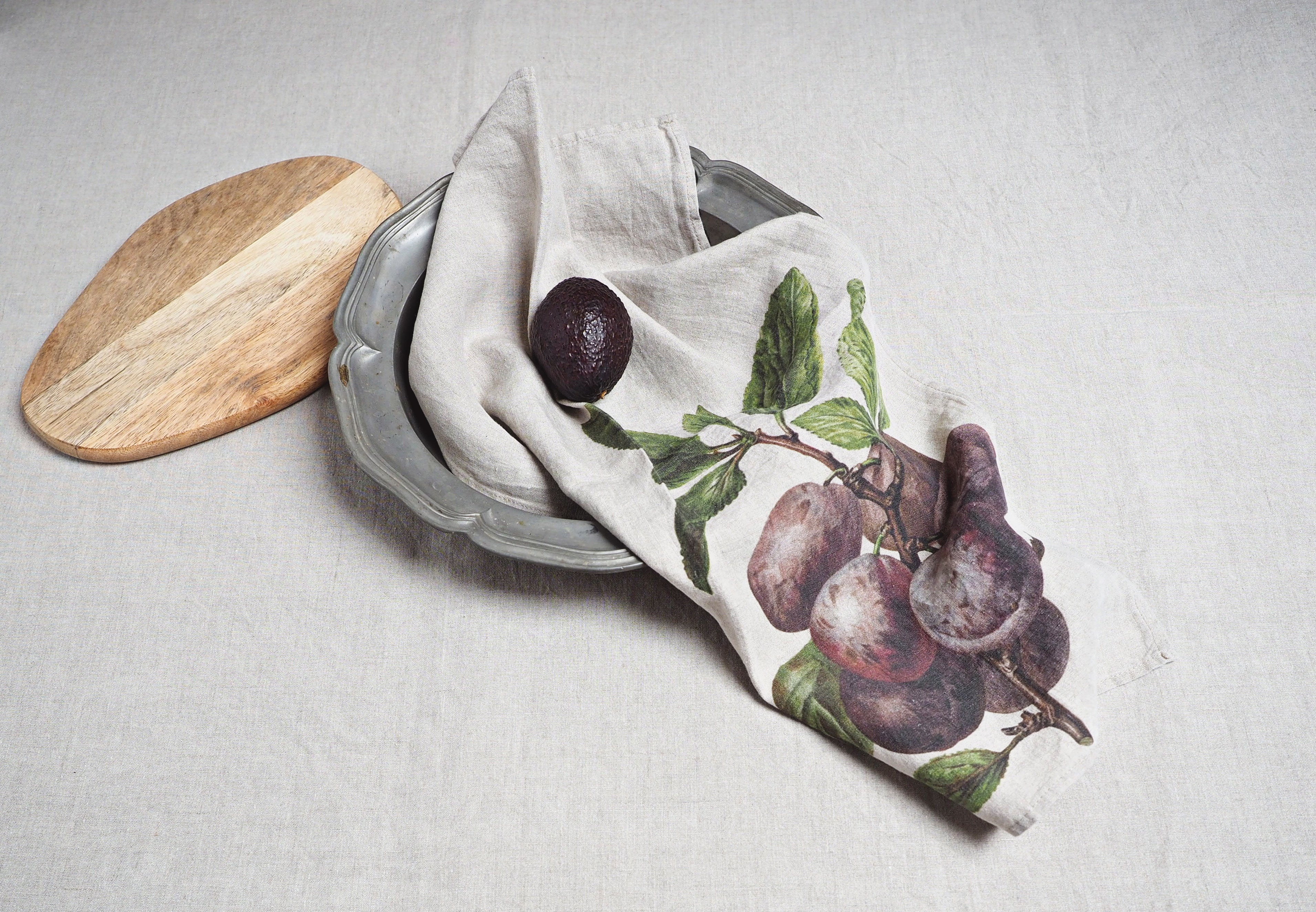 Linoroom “Redcurrant & Plum,” Pair of linen printed tea towels.