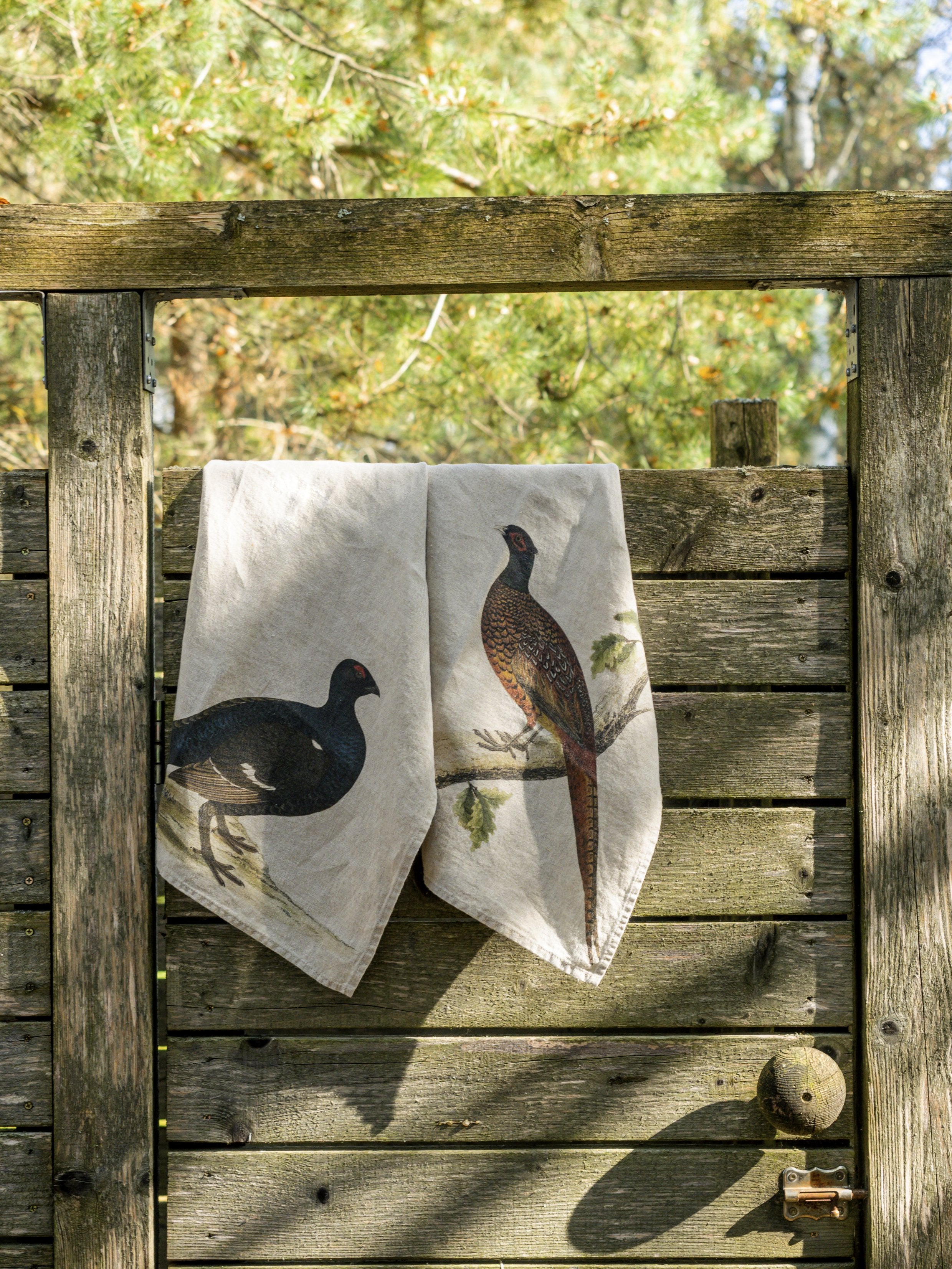 Linoroom "Forest Birds," Pair of pure linen printed tea towels.