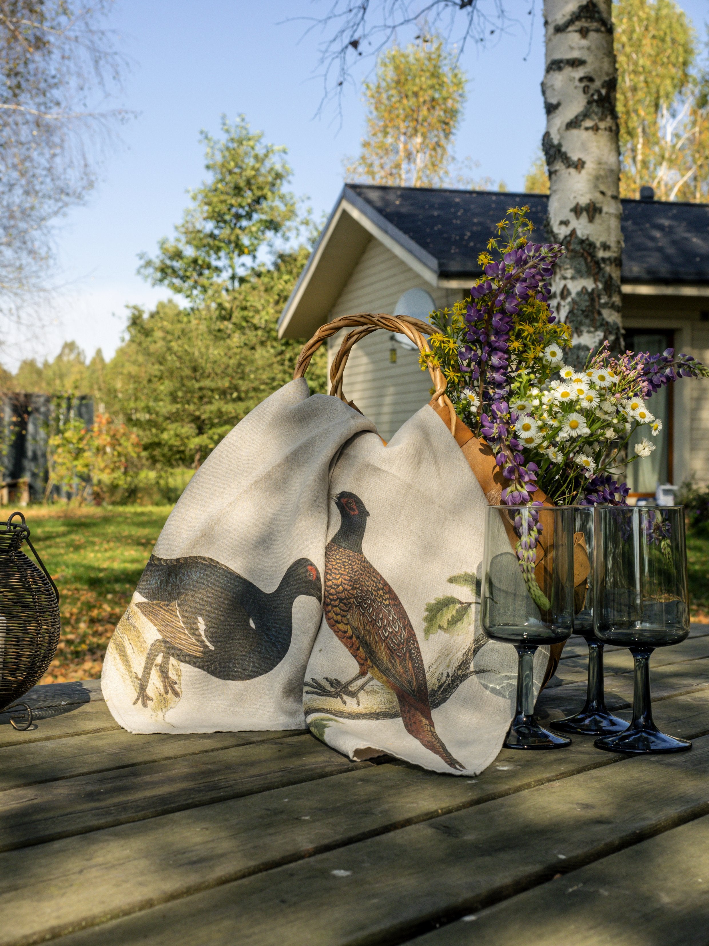 Linoroom "Forest Birds," Pair of pure linen printed tea towels.