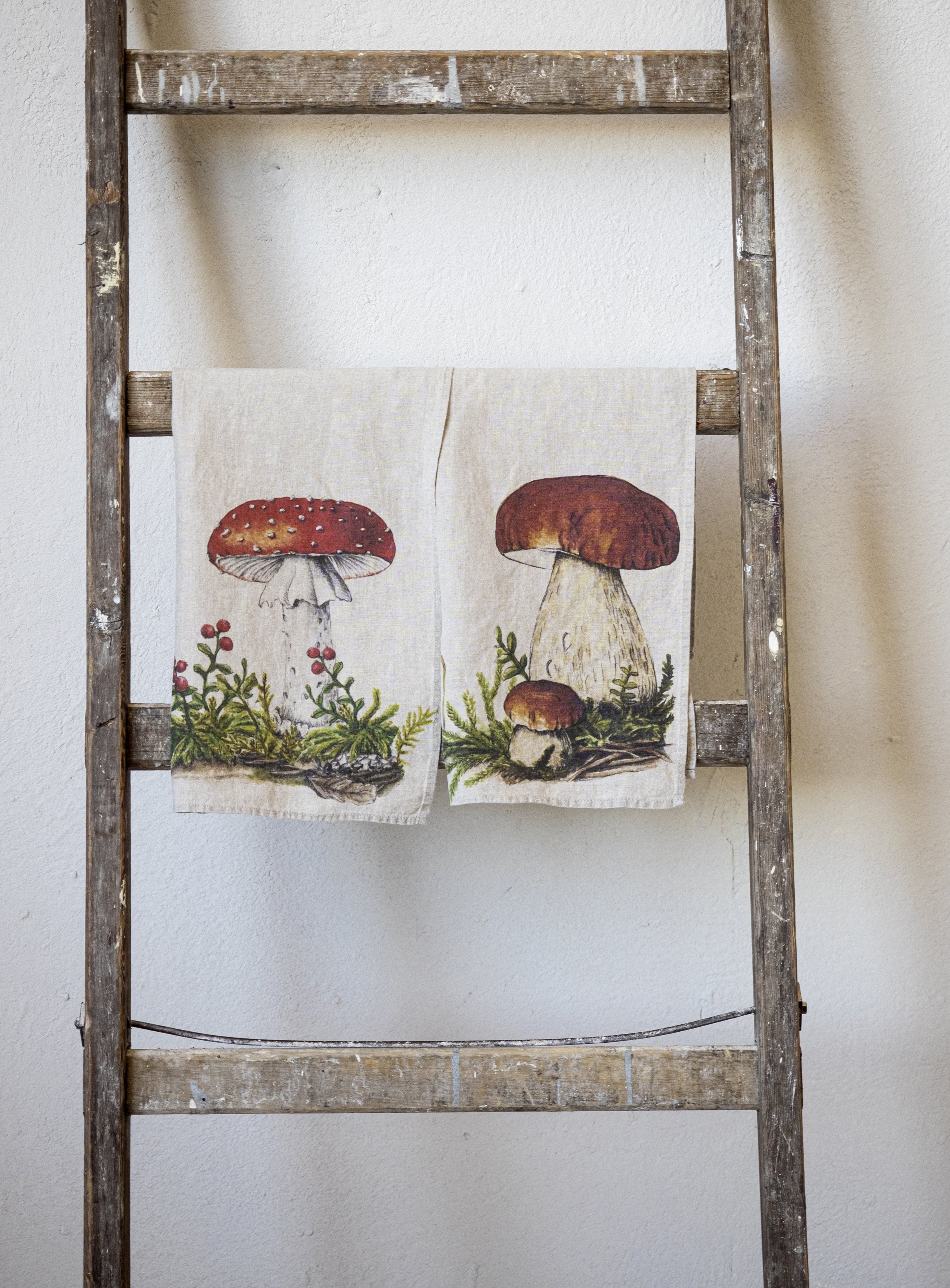Linoroom “Forest Mushrooms,” Pair of linen printed tea towels.
