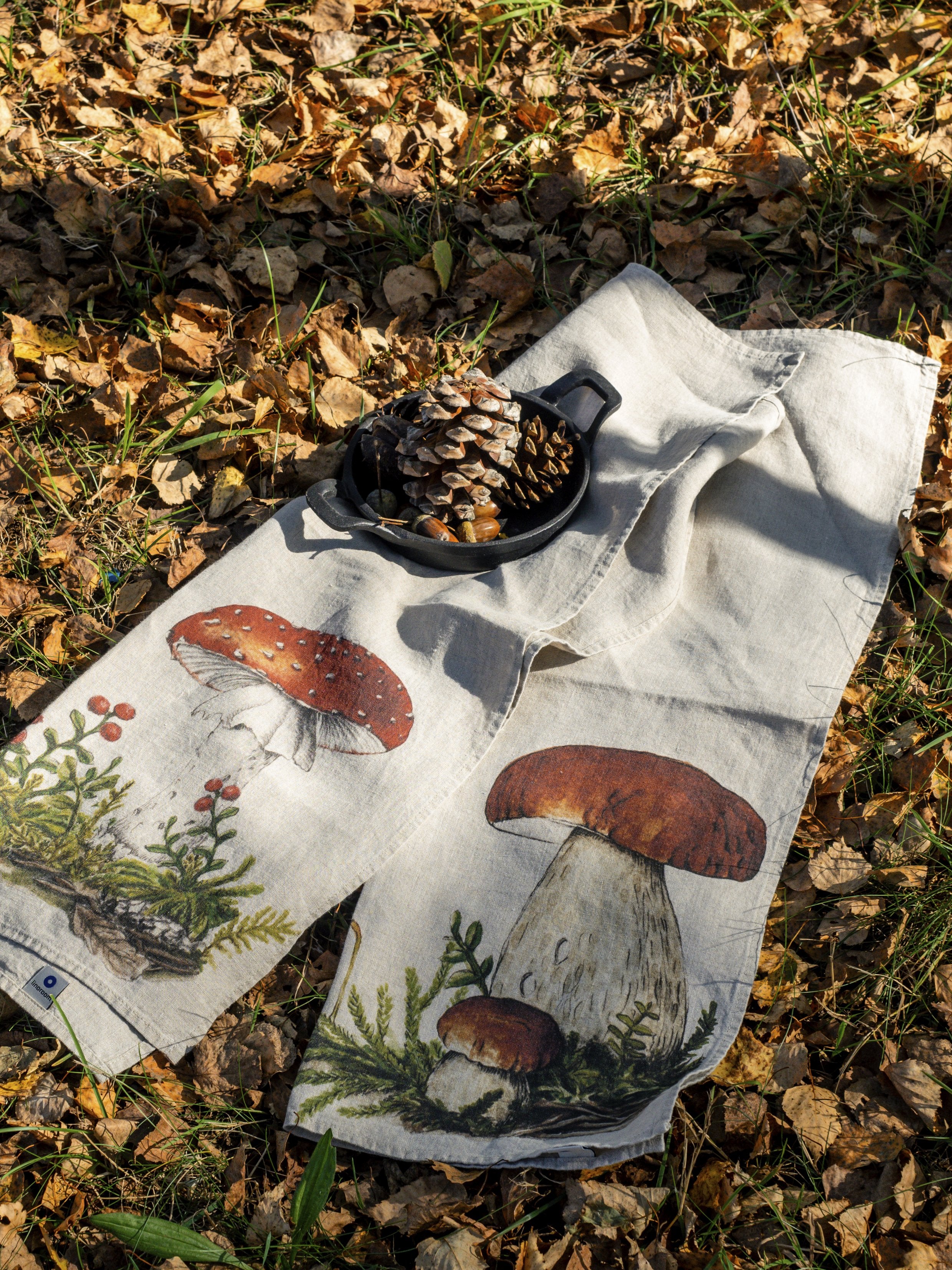 Linoroom “Forest Mushrooms,” Pair of linen printed tea towels.