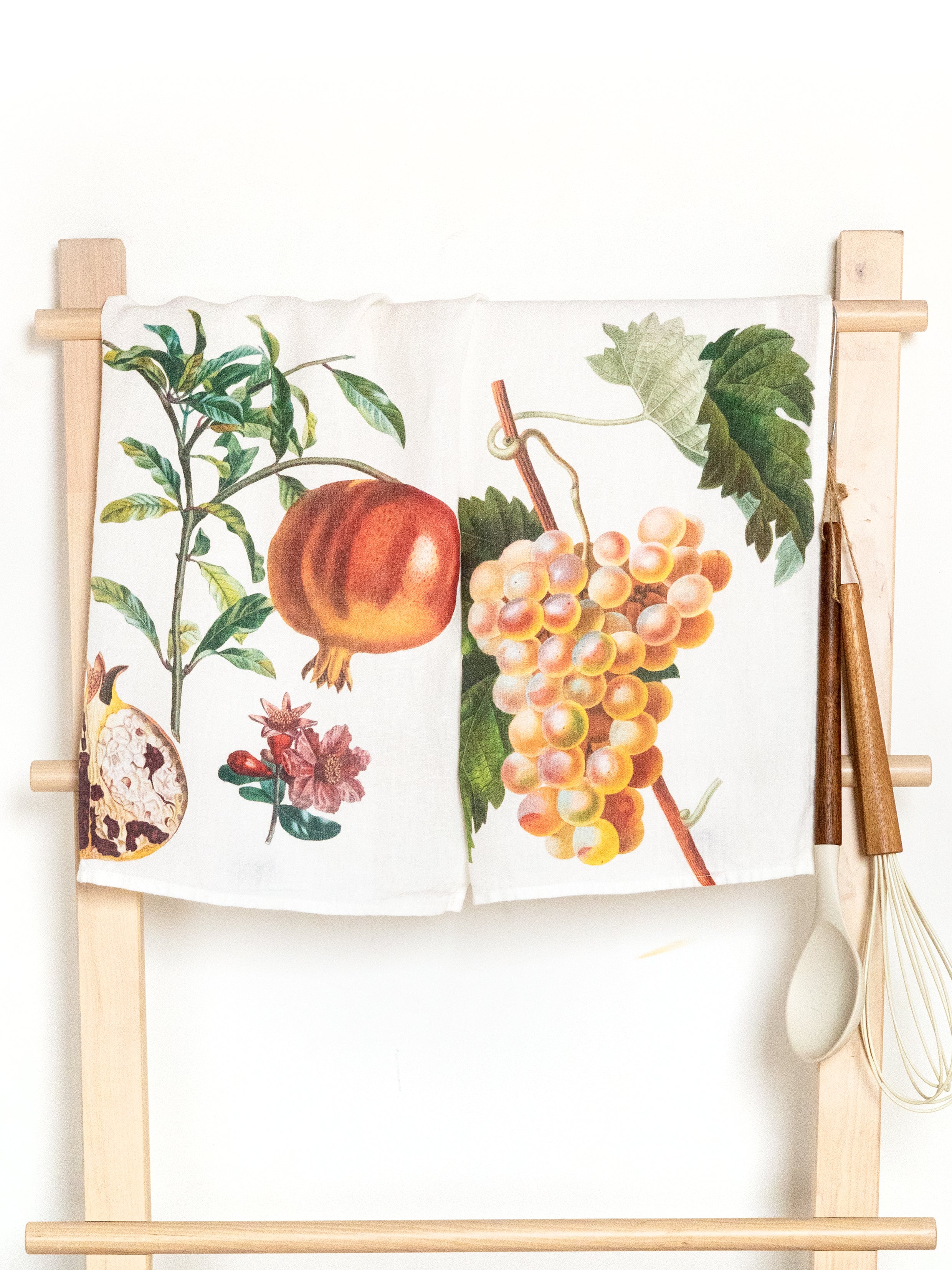 Linoroom “Grape & Pomegranate,” Pair of linen printed tea towels.