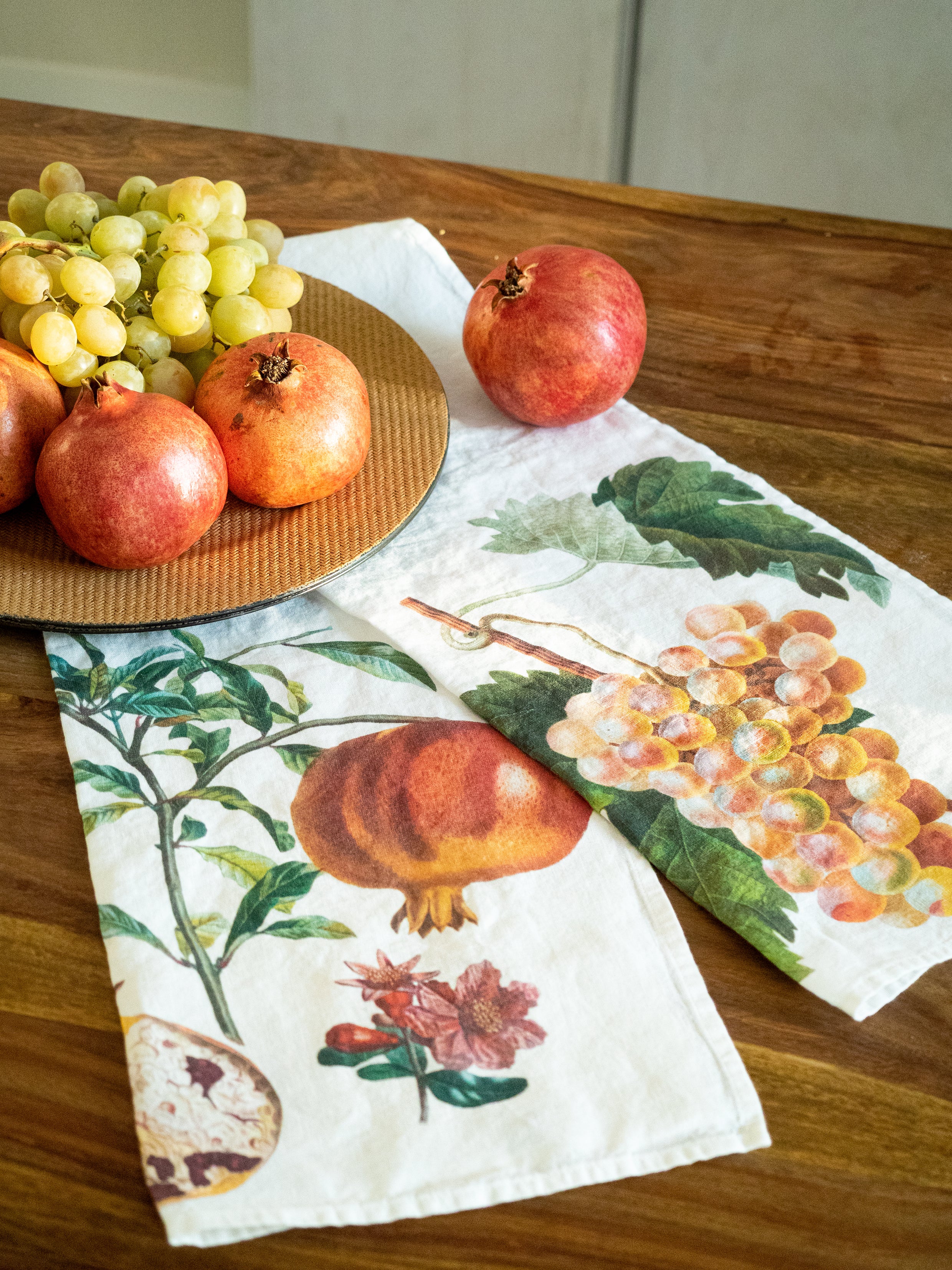Linoroom “Grape & Pomegranate,” Pair of linen printed tea towels.