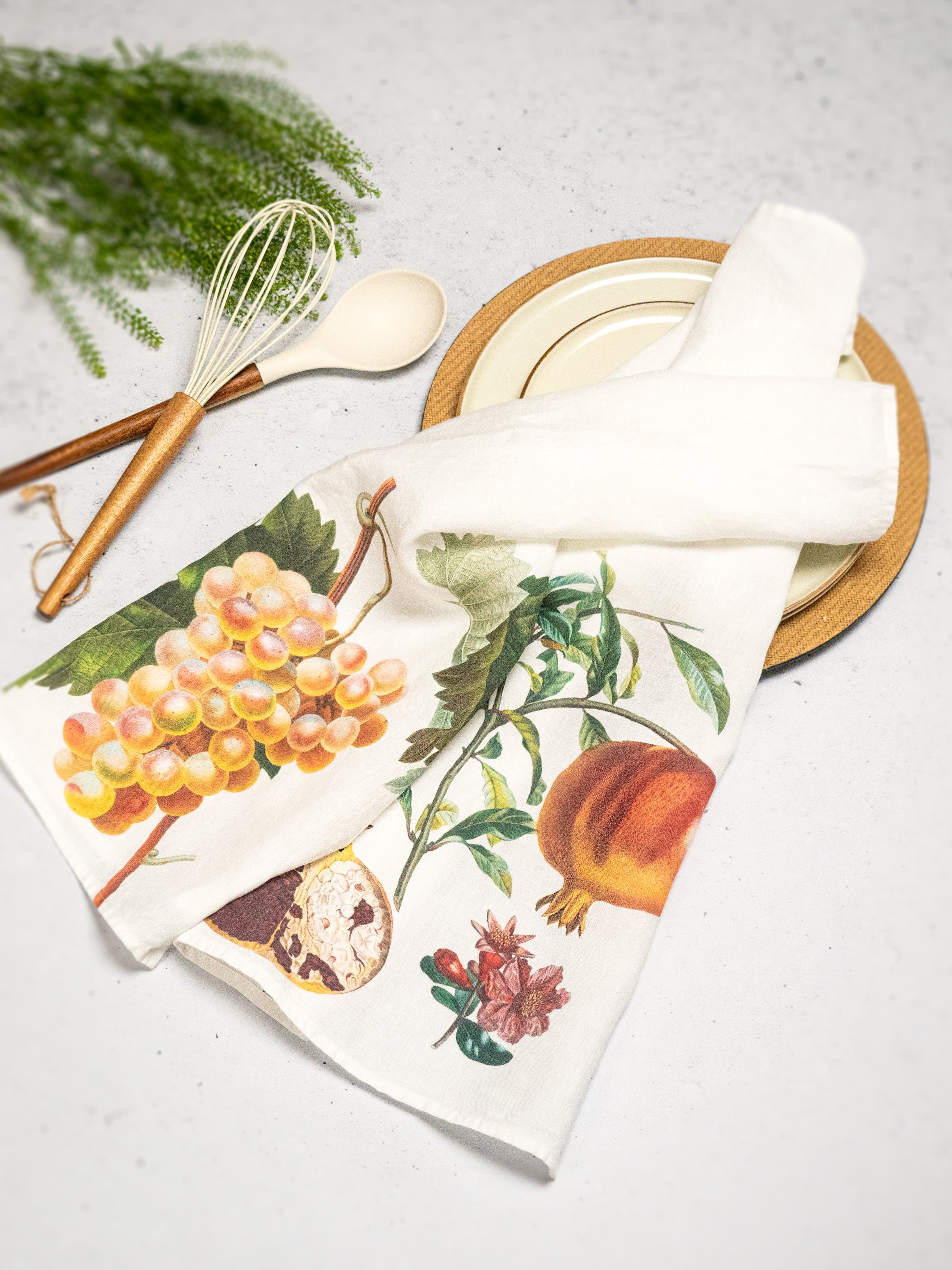 Linoroom “Grape & Pomegranate,” Pair of linen printed tea towels.