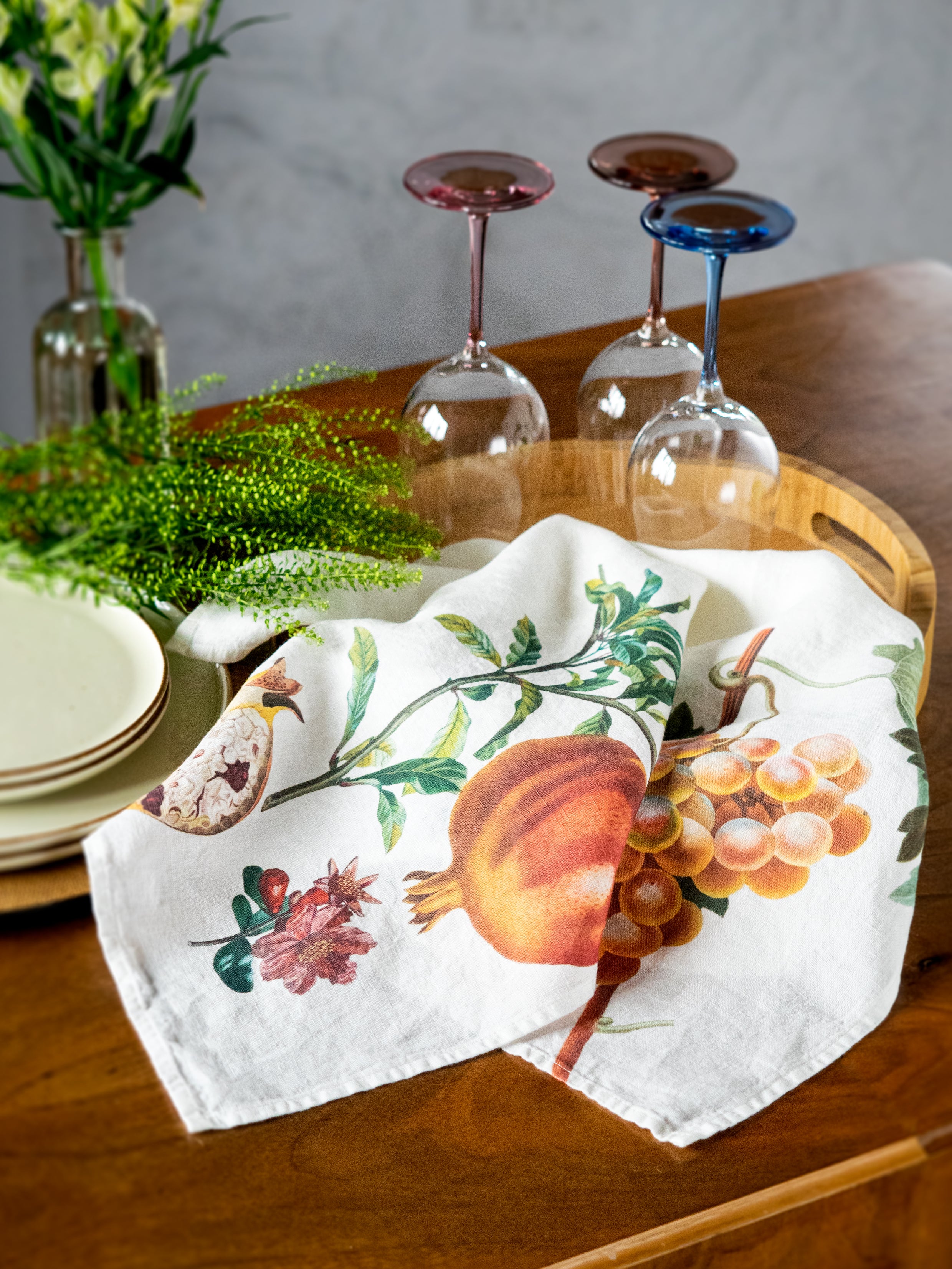 Linoroom “Grape & Pomegranate,” Pair of linen printed tea towels.