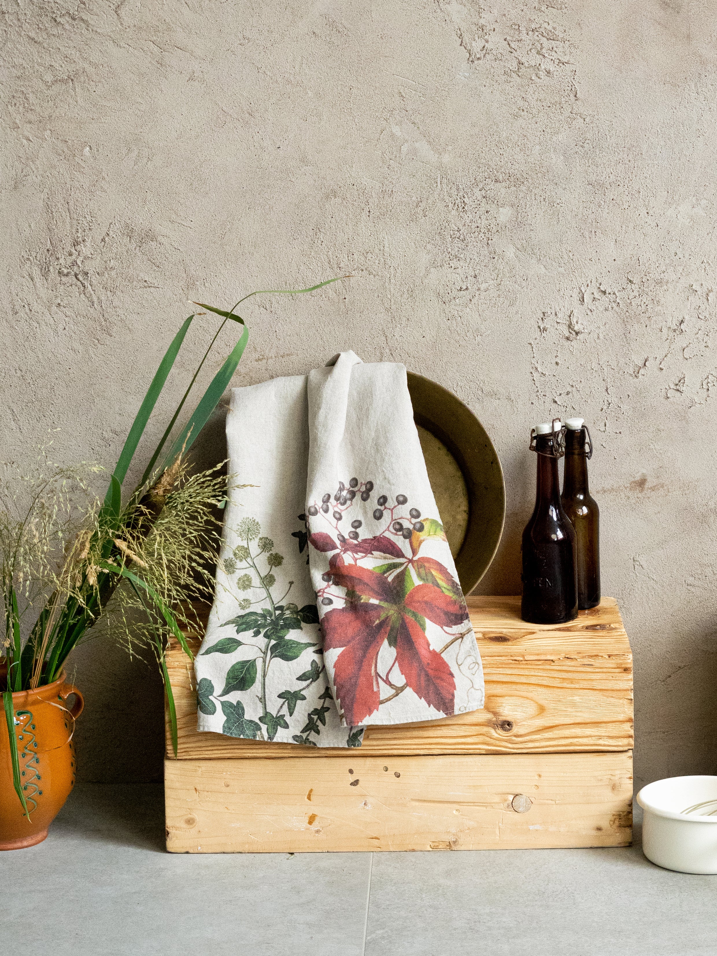 Linoroom “Ivy & Creeper,” Pair of linen printed tea towels.