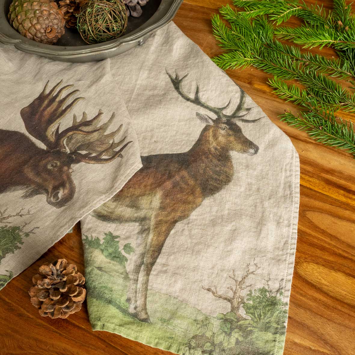 Linoroom “Moose & Deer,” Pair of linen printed tea towels.