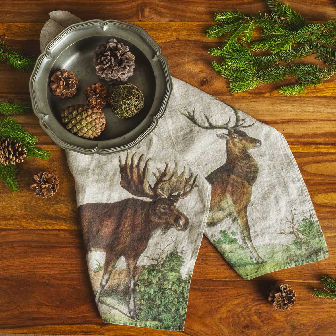 Linoroom “Moose & Deer,” Pair of linen printed tea towels.