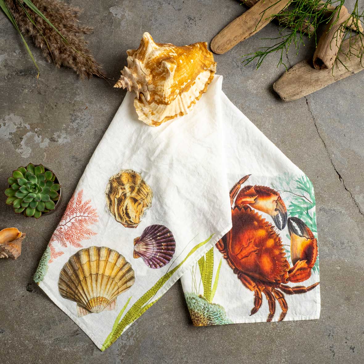 Linoroom “Oyster & Crab,” Pair of linen printed tea towels.