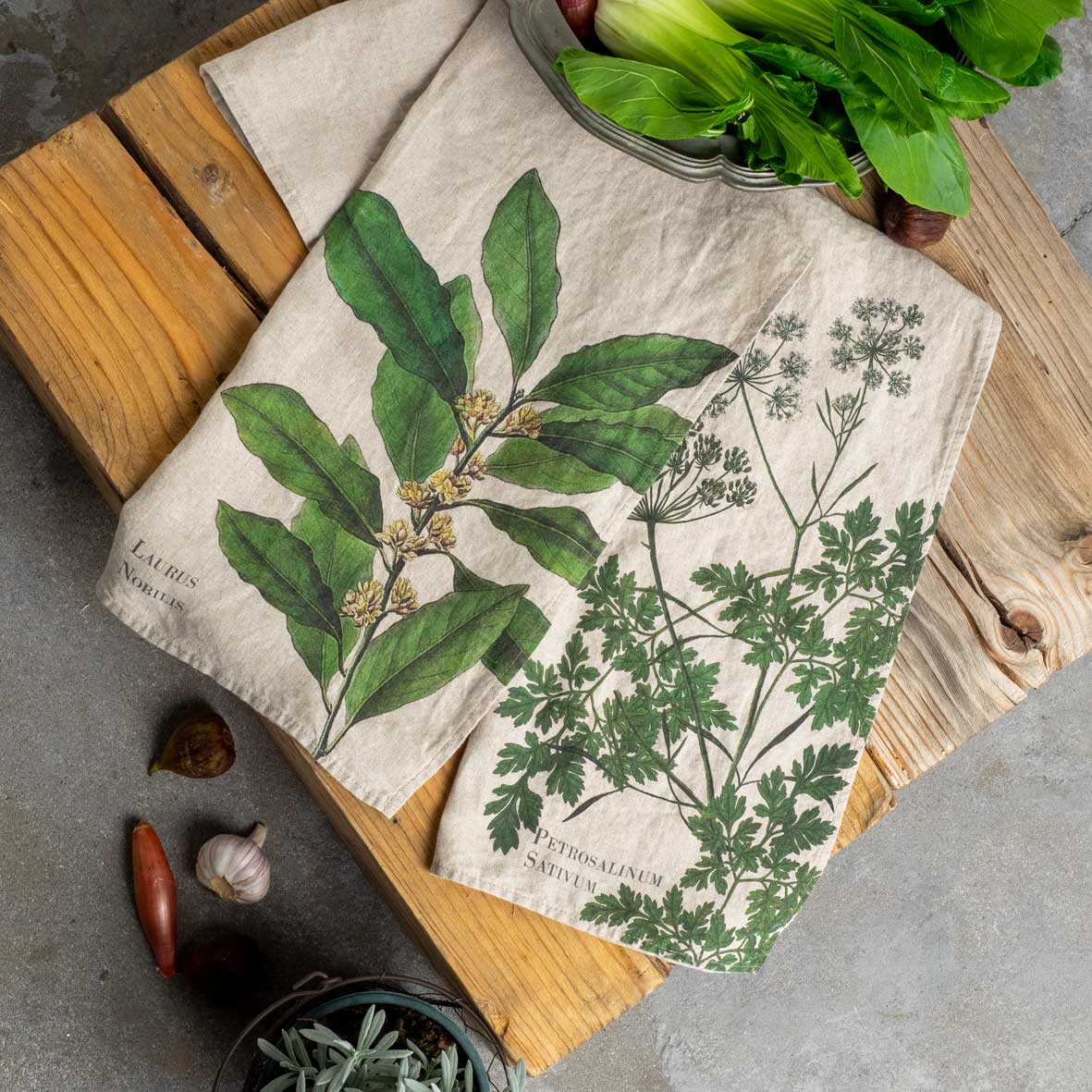 Linoroom “Parsley & Bay,” Pair of linen printed tea towels.