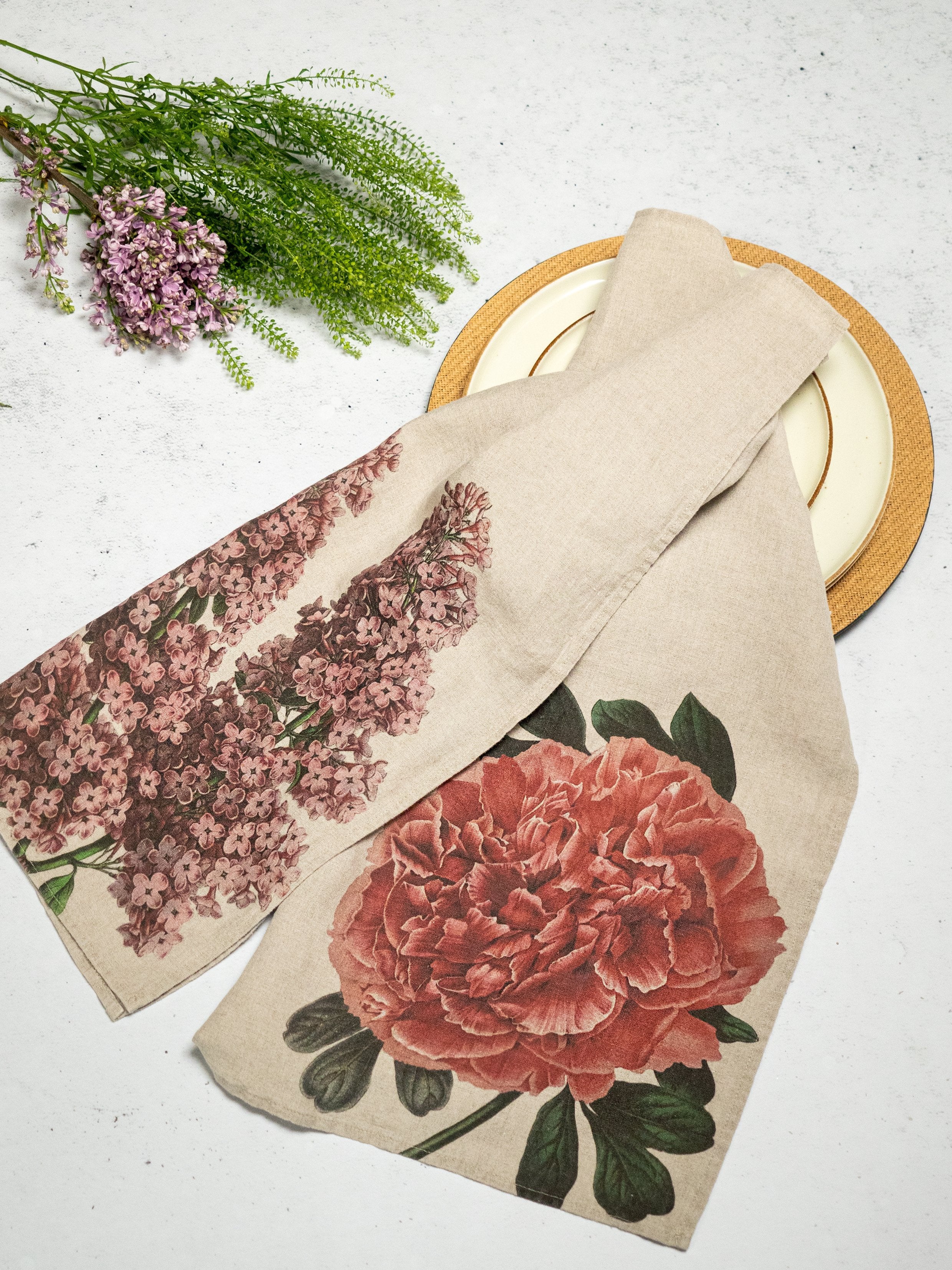 Linoroom “Peony & Lilac,” Pair of linen printed tea towels.