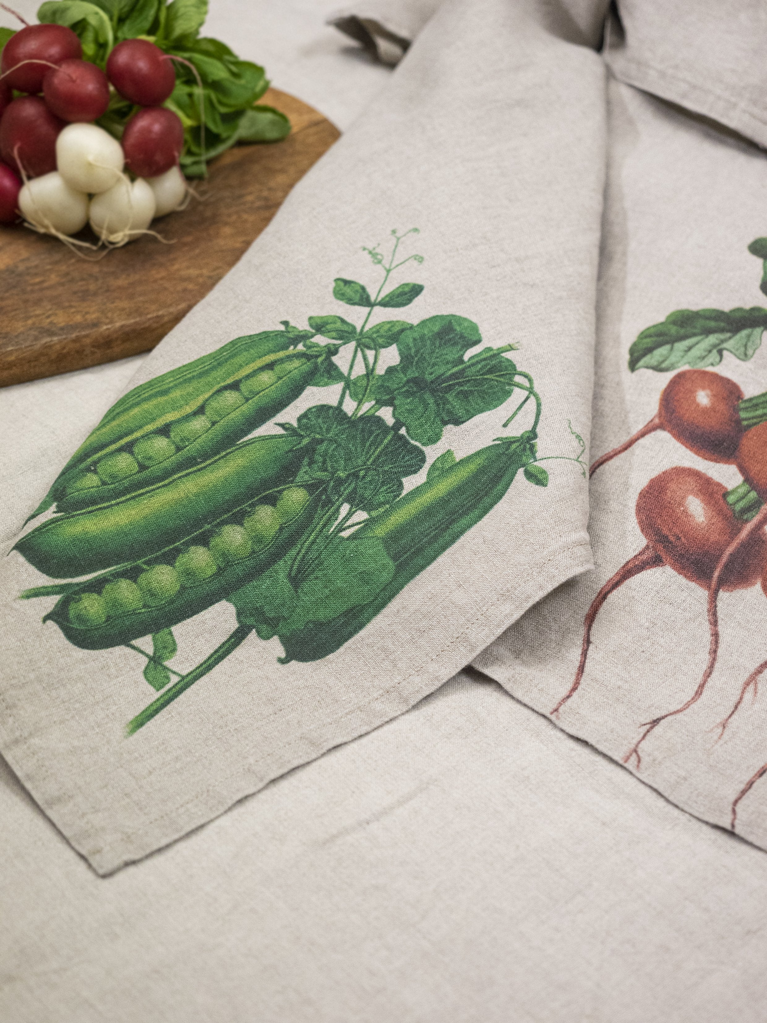 Linoroom “Radish & Peas,” Pair of linen printed tea towels.