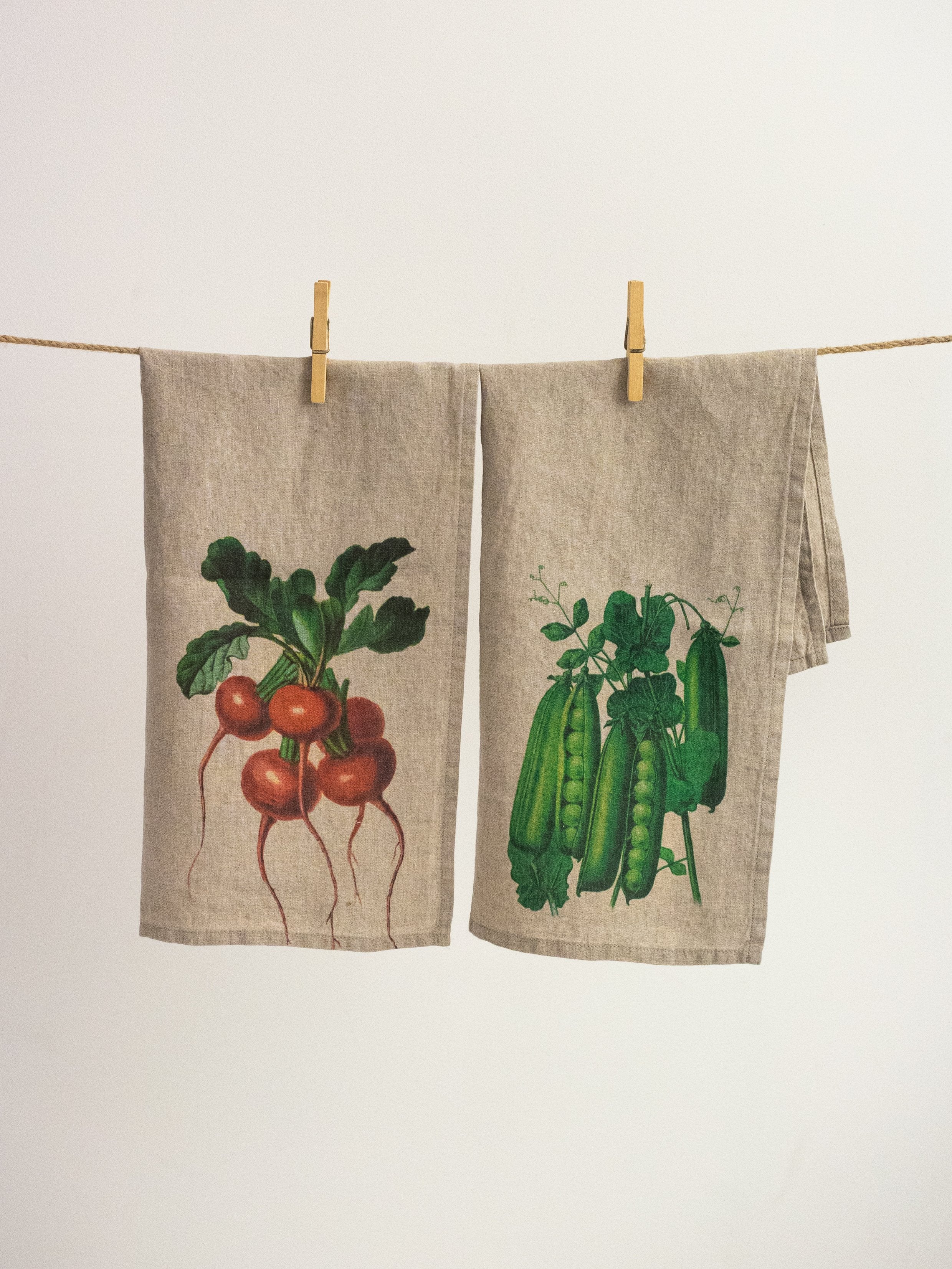 Linoroom “Radish & Peas,” Pair of linen printed tea towels.