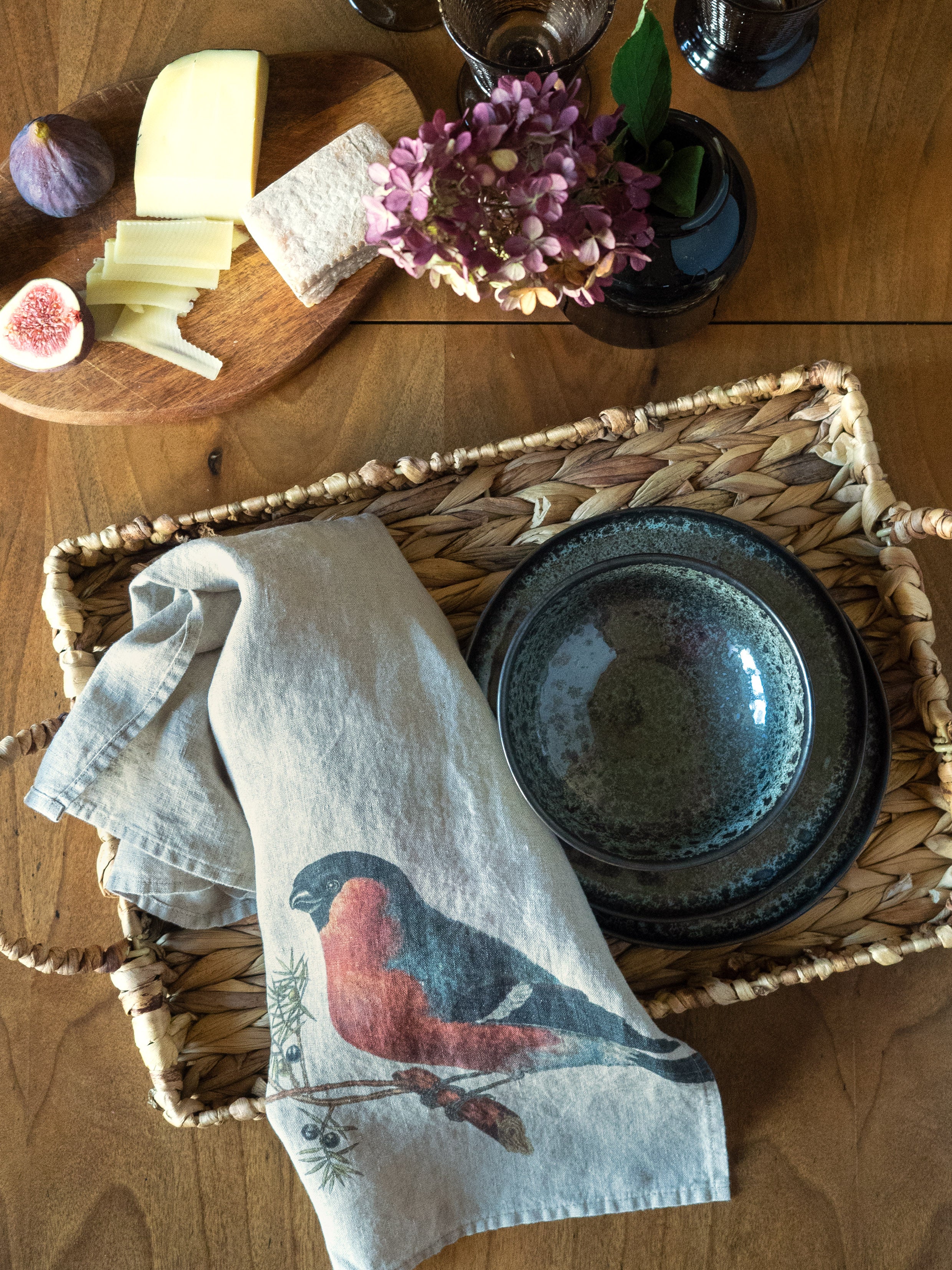 Linoroom “Small Birds,” Pair of linen printed tea towels.