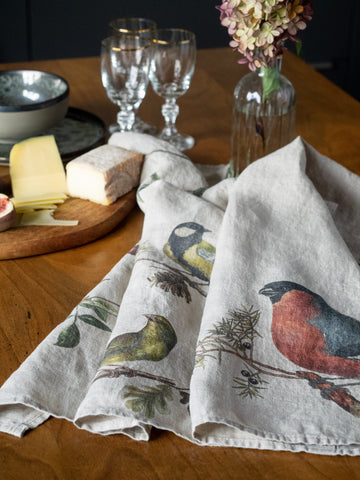 The Linoroom “Small Birds,” Pair of linen printed tea towels.