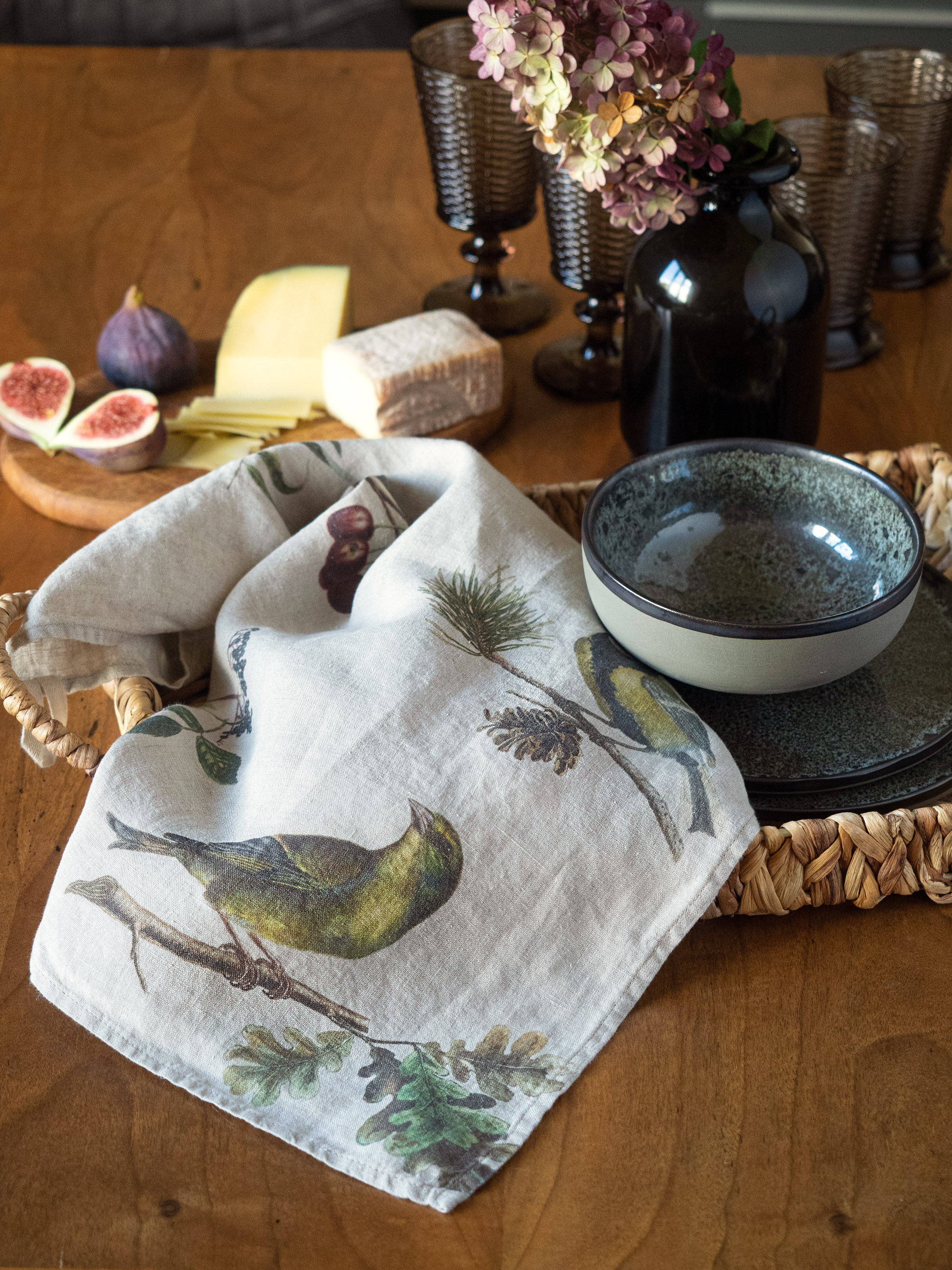 Linoroom “Small Birds,” Pair of linen printed tea towels.