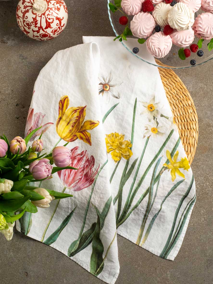 Linoroom “Tulips & Narcissus,” Pair of linen printed tea towels.