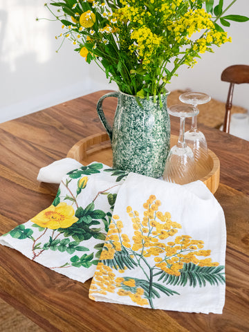 The Linoroom “Mimosa & Rose,” Pair of linen printed tea towels.
