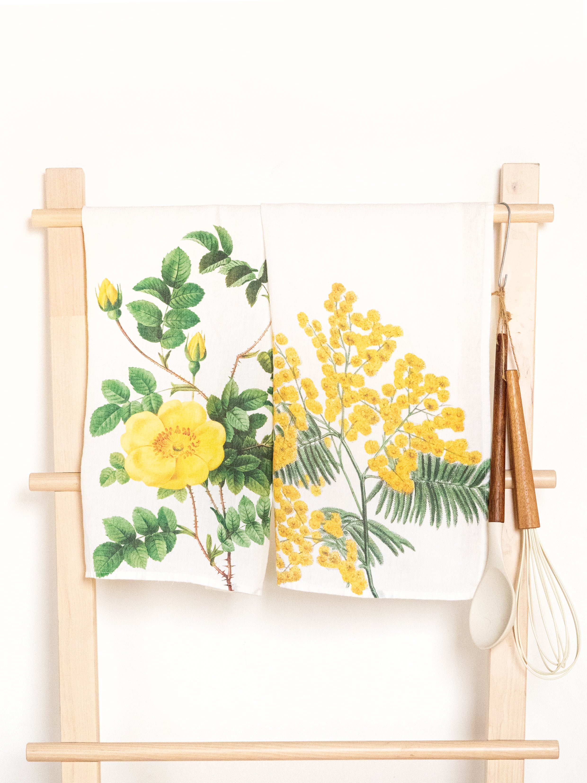Linoroom “Mimosa & Rose,” Pair of linen printed tea towels.