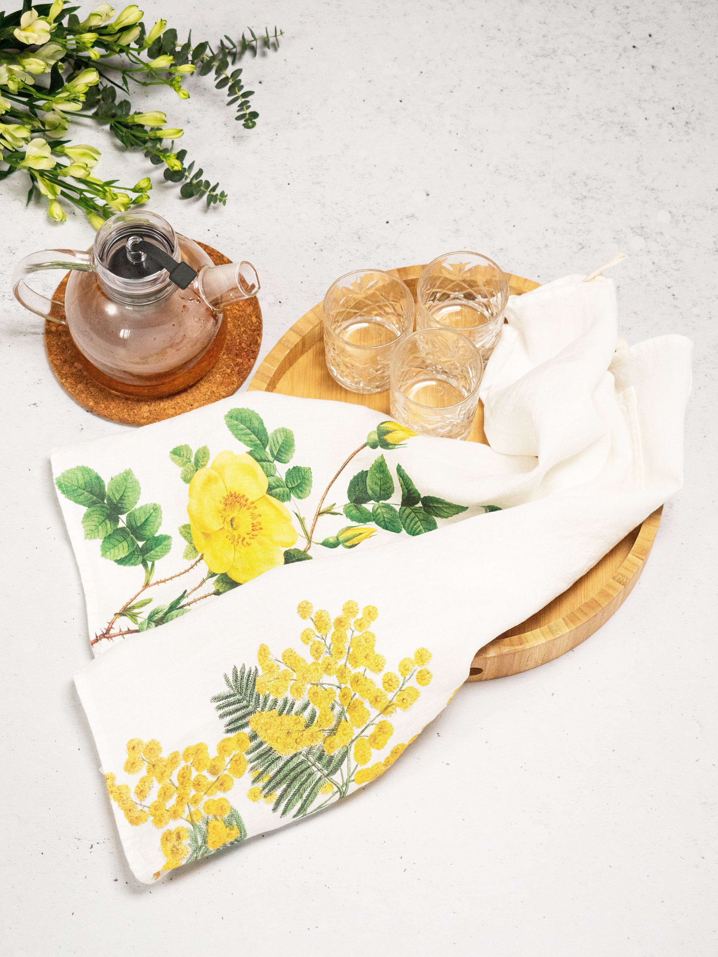 Linoroom “Mimosa & Rose,” Pair of linen printed tea towels.