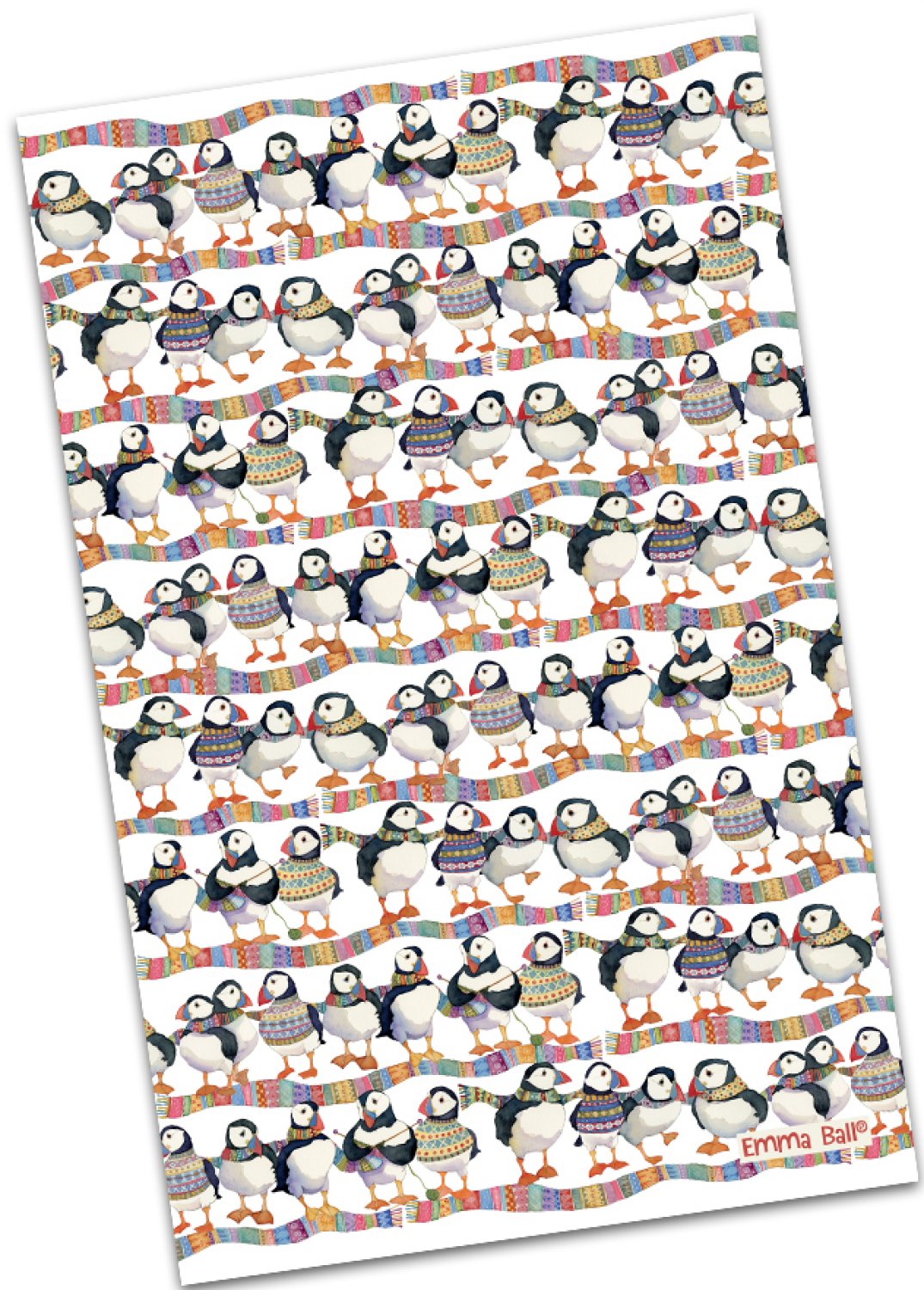 Emma Ball "Puffins in Scarves", Pure cotton tea towel. Printed in the UK.