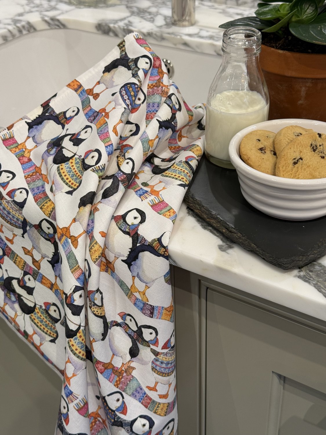 Emma Ball "Puffins in Scarves", Pure cotton tea towel. Printed in the UK.