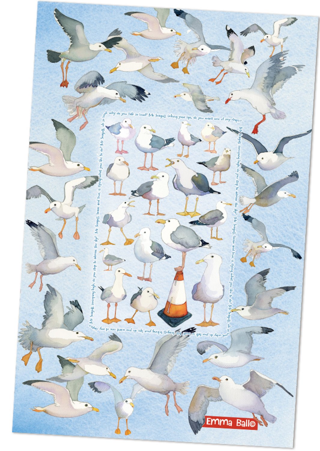 Emma Ball "Mr Seagull", Pure cotton tea towel. Printed in the UK. - Home Landing