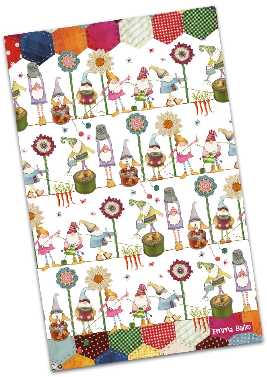 Emma Ball "Crafting Gnomes", Pure cotton tea towel. Printed in the UK.