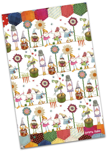 Emma Ball "Crafting Gnomes", Pure cotton tea towel. Printed in the UK.