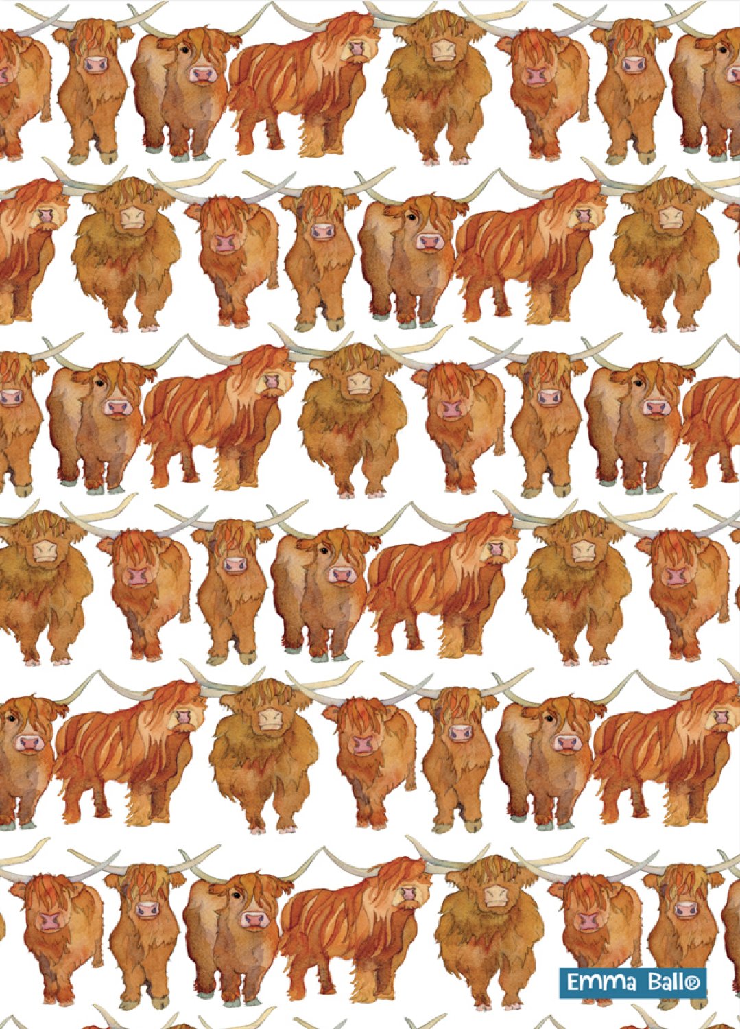 Emma Ball "Highland Coos Repeat", Pure cotton tea towel. Printed in the UK.