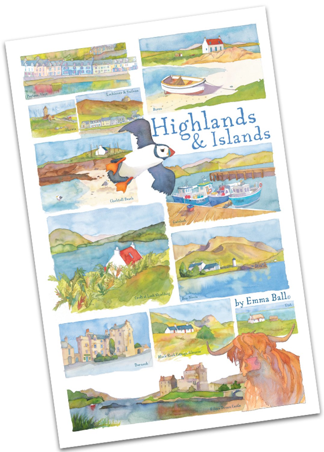 Emma Ball "Highlands & Islands", Pure cotton tea towel.