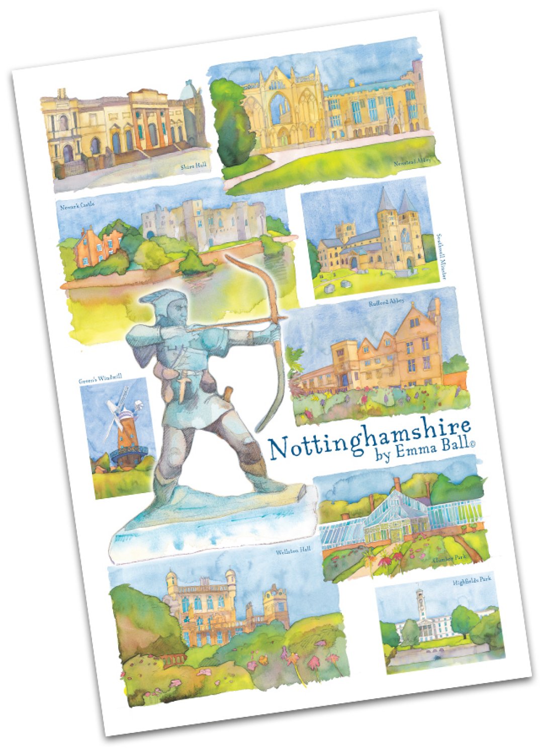 Emma Ball "Nottinghamshire", Pure cotton tea towel.
