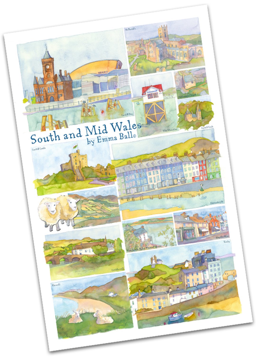 Emma Ball "South & Mid Wales , Pure cotton tea towel. Printed in the UK. - Home Landing