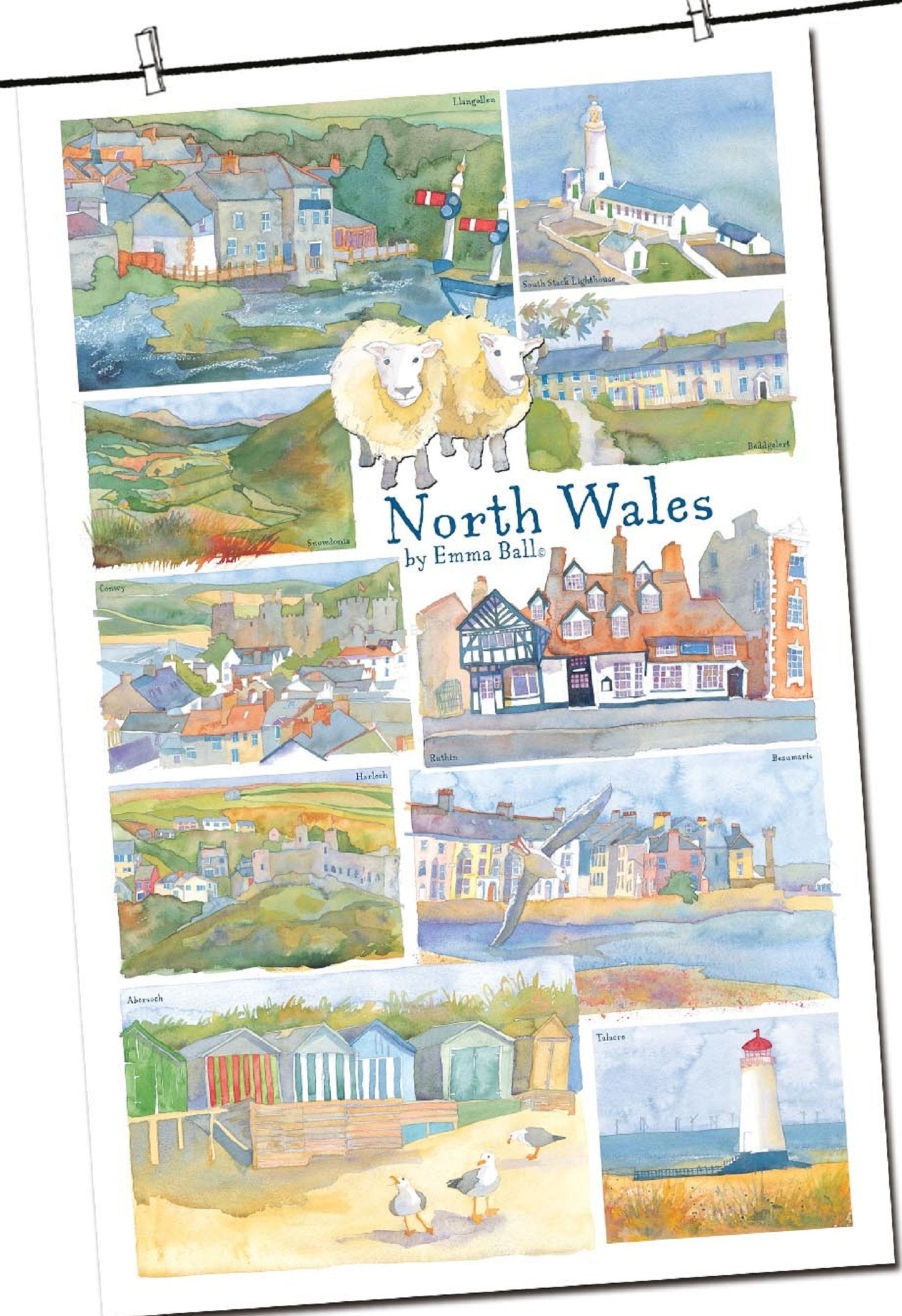 Emma Ball "North Wales , Pure cotton tea towel. Printed in the UK. - Home Landing