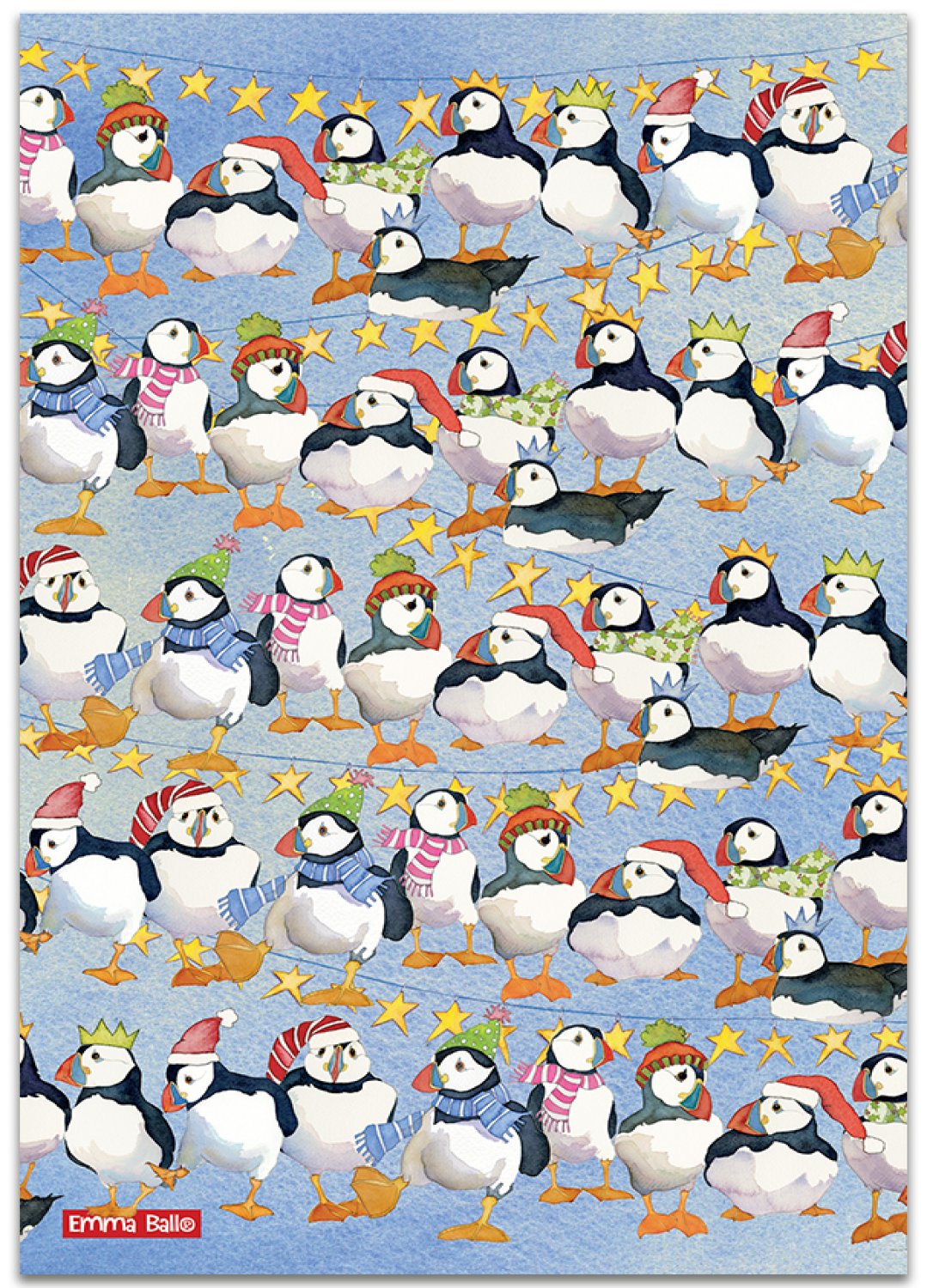 Emma Ball "Party Puffins", Pure cotton tea towel. Printed in the UK.
