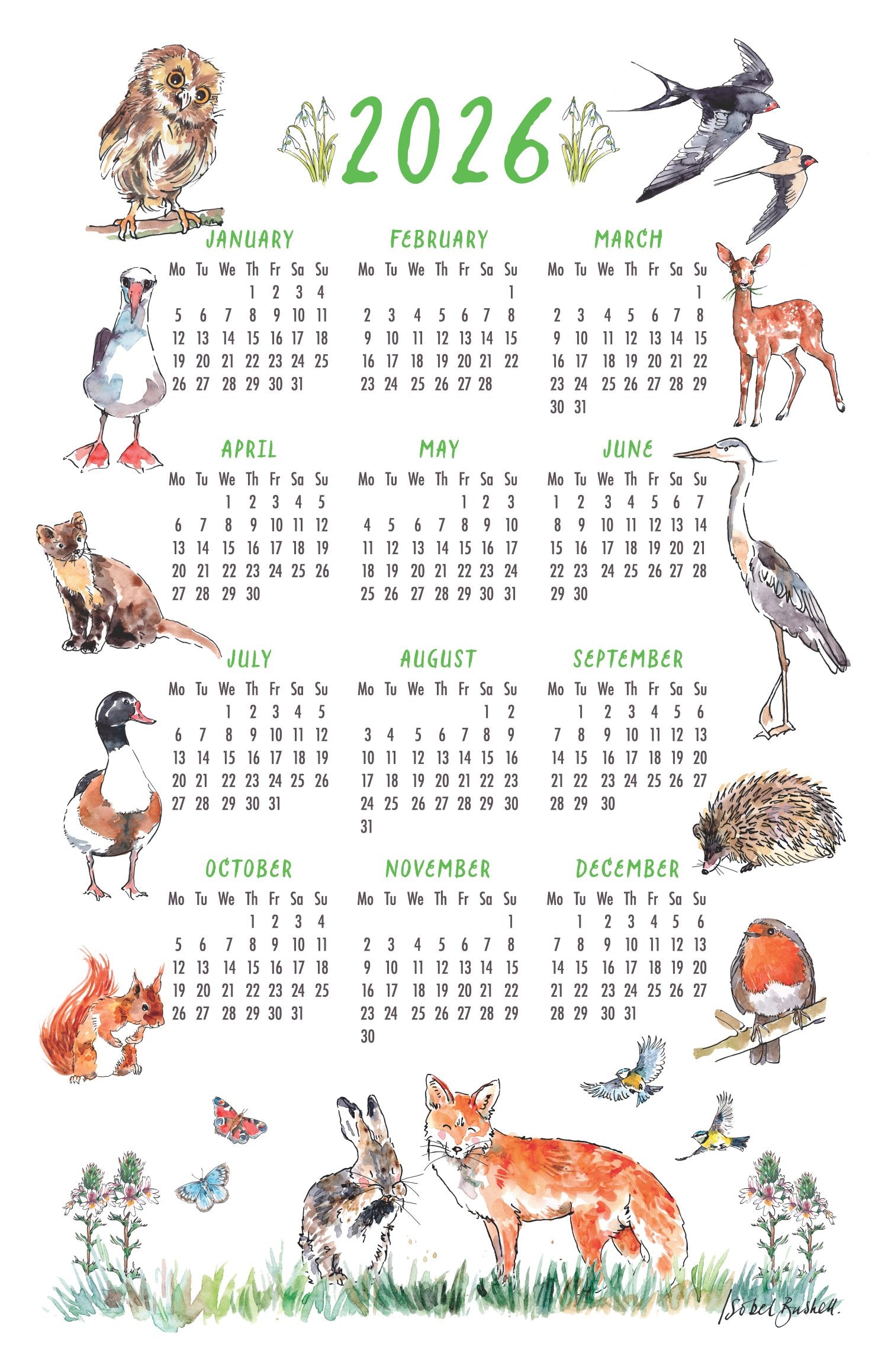 Home-Landing, “Calendar 2026 - British Wildlife”, Linen union tea towel. UK.