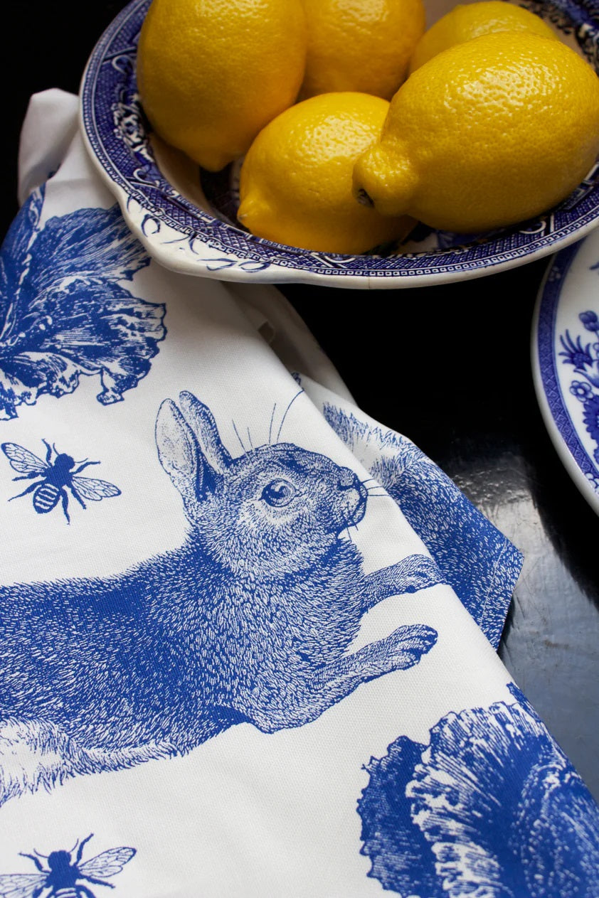 Thornback & Peel "Rabbit & Cabbage Delft Blue", Pure cotton tea towel. Hand printed in the UK.