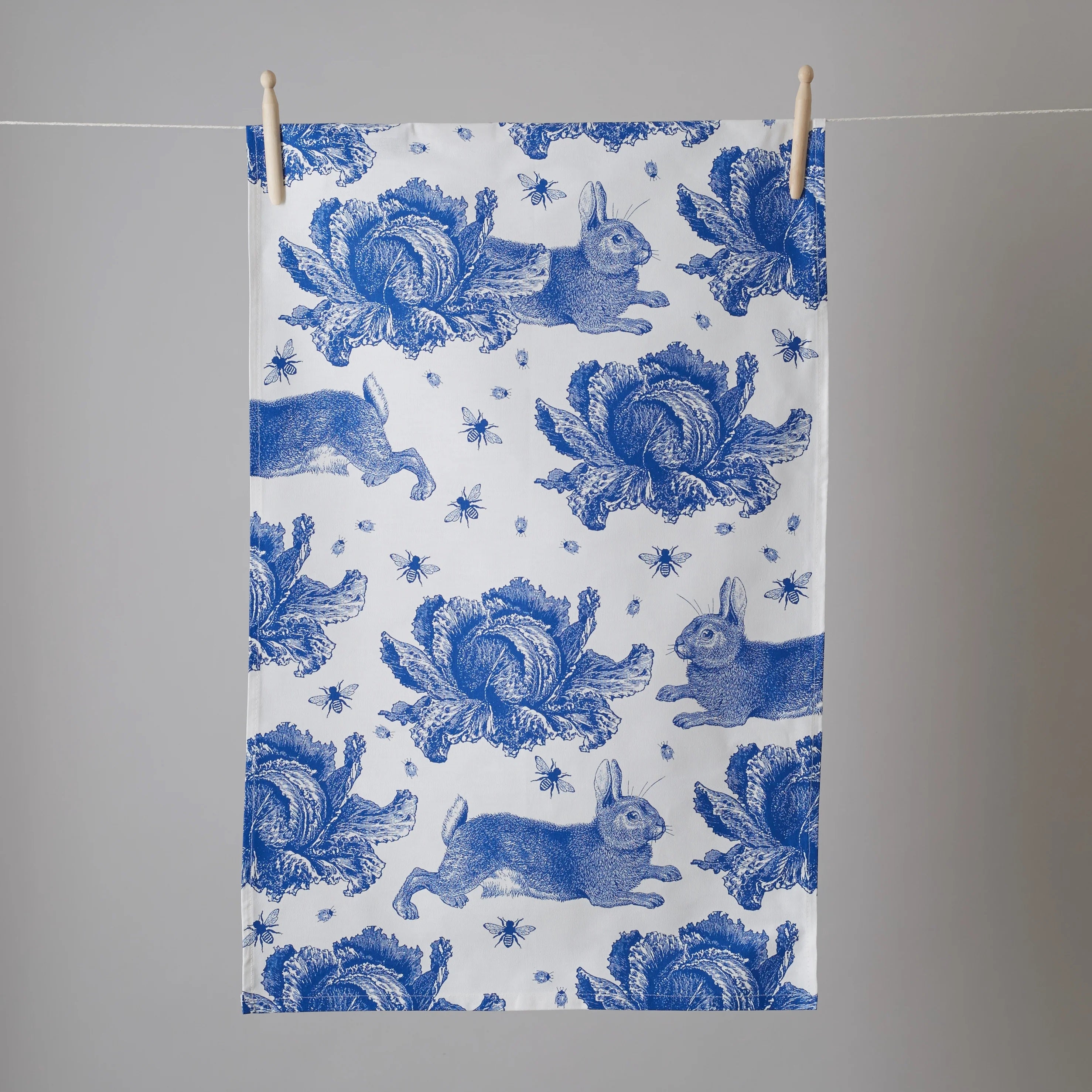 Thornback & Peel "Rabbit & Cabbage Delft Blue", Pure cotton tea towel. Hand printed in the UK.
