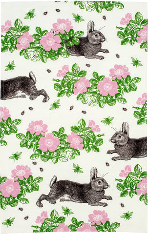 Thornback & Peel "Rabbit & Rose", Pure cotton tea towel. Hand printed in the UK.