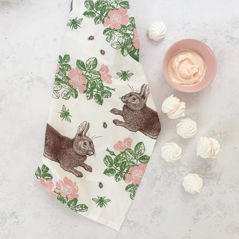 Thornback & Peel "Rabbit & Rose", Pure cotton tea towel. Hand printed in the UK.