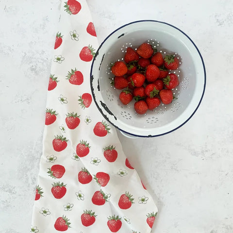 Thornback & Peel "Strawberry", Pure cotton tea towel. Hand printed in the UK.